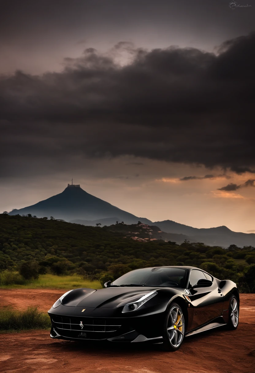 Black Ferrari in the Sahara，The background is a mountain, in the background of the image，Christ the Saviour of Rio de Janeiro. rainy days, clouds, rays.