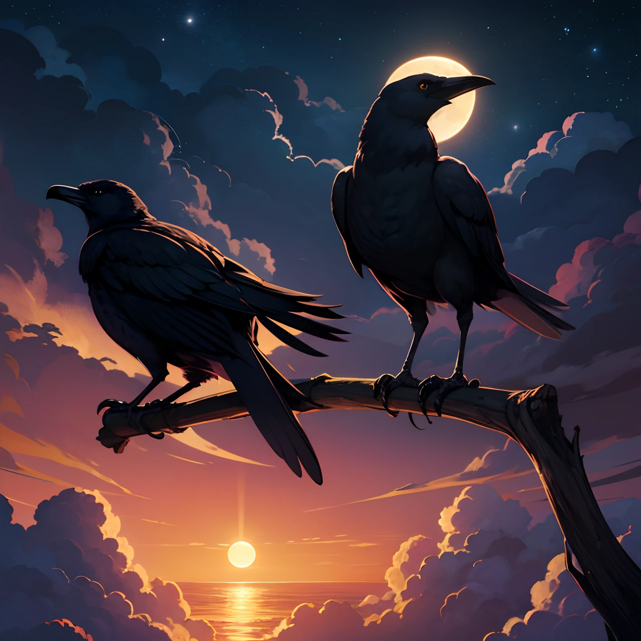 two crows, masterpiece, best quality, ultra detailed, sea, clouds, delicate lighting, moon, night sky, night,