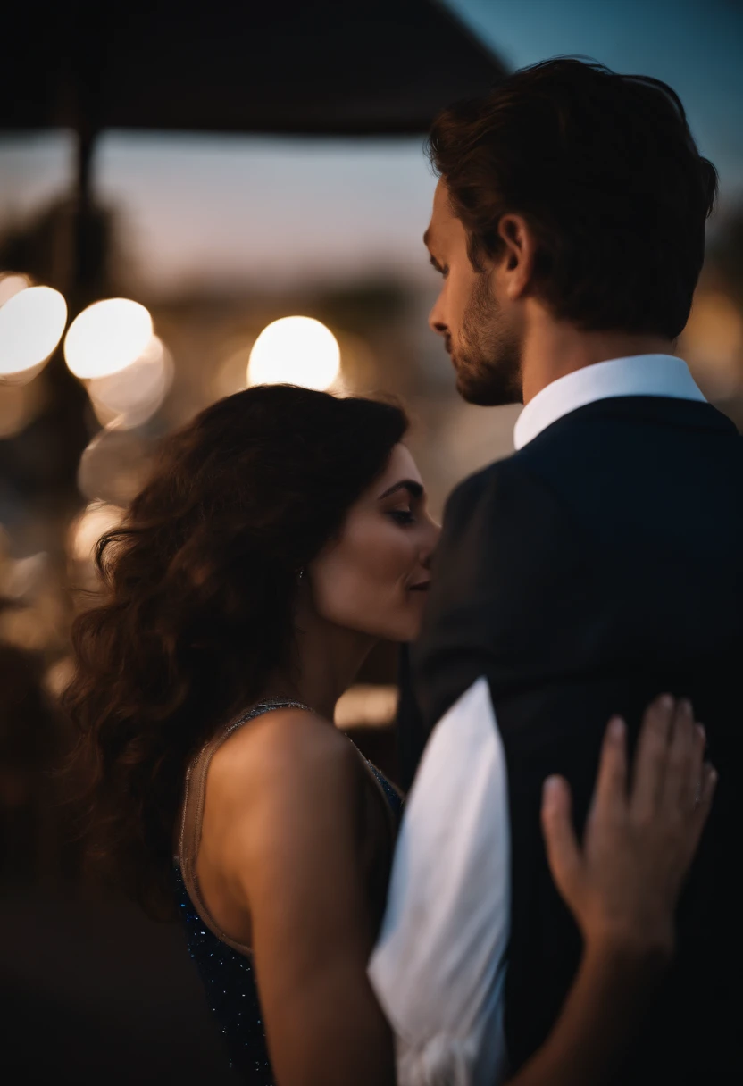 A Couple Man And Woman He Very Beautiful Italian 29 Years Old Dark Brown Hair Short Vest Suit Is Kissing Passionate A Beautiful Young Woman Wears Long Blue Dress On A Luxurious Terrace At Night Real Photo Face Clear Eyes Mouth Lips Nose No Deformation