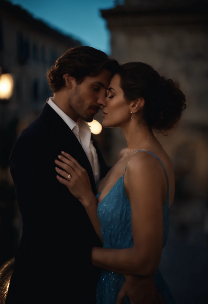 A Couple Man And Woman He Very Beautiful Italian 29 Years Old Dark Brown Hair Short Vest Suit Is Kissing Passionate A Beautiful Young Woman Wears Long Blue Dress On A Luxurious Terrace At Night Real Photo Face Clear Eyes Mouth Lips Nose No Deformation