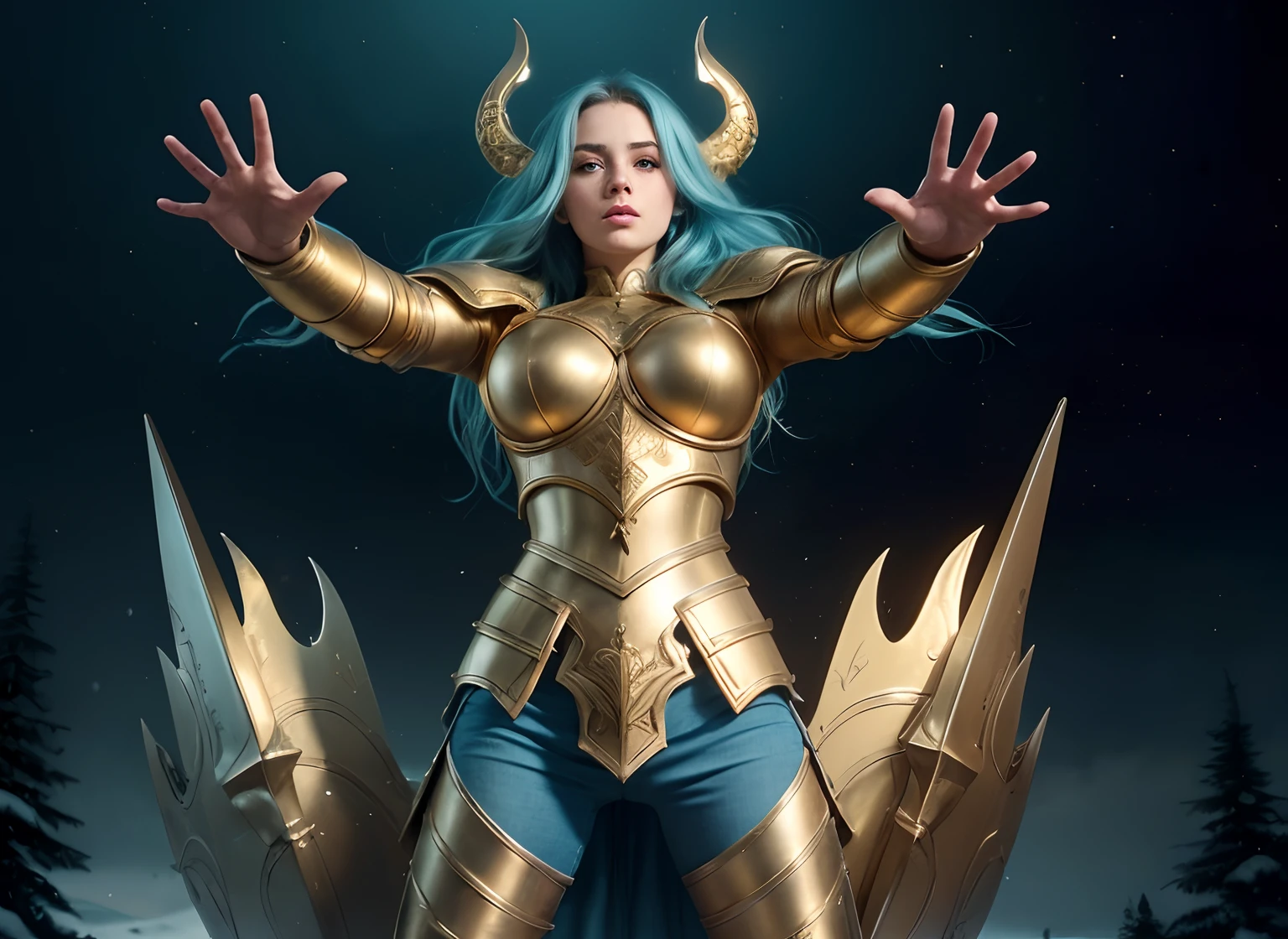 ultra-realistic), (cinematic shot), slightly low view. upper body of an beautiful young girl knight, 1girl, woman, in medieval armor, (detailed face), ((pretty big turquoise eyes)), with very long hair, (light blue hair), (long hair), ((messy hair)), ((bands)) blowing hair in the air, (big breasts), near a snow castle at winter, golden armor, golden horns on helmet, (full body armor), ((bright intricate armor)), (light blue legging), ((crome intense gold armor)), (detailed armor, high quality), ((ornate armor)), (hdr), (noble), inspiring, film, cinematic lighting. ((light blue pants)). ((delicate face)). Full body-armor.( Enlongated armor skirt)). The most beautiful warrior. Ultrarealistic landscape.