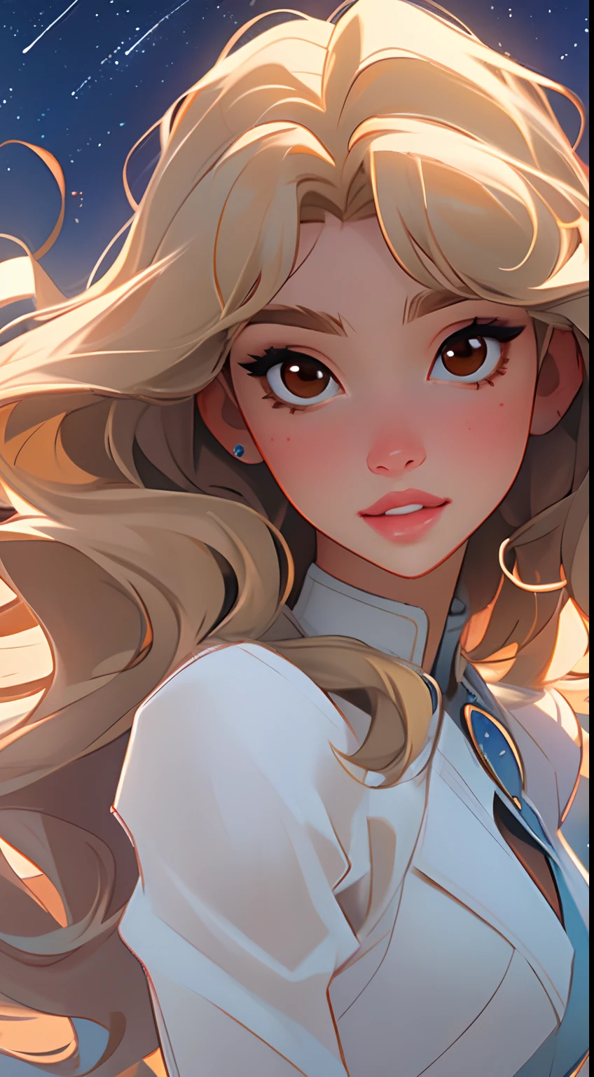 (masterpiece:1.2), (best quality:1.2), night with sky with stars, beautiful woman,brown eyes, (looking at viewer), glowing skin, outdoors, bangs, long flowing blonde hair, (hair wavy), soft lips, glossy lips, highly detailed, (semi-realistic:1.2), blonde hair