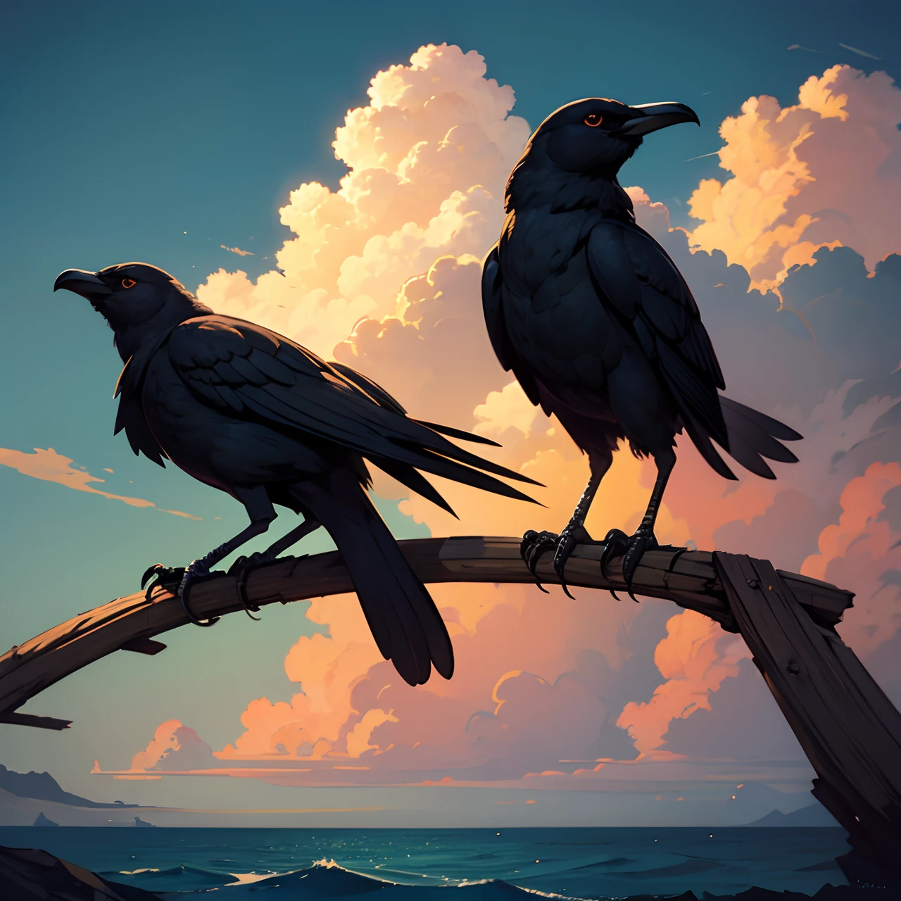 two crows, masterpiece, best quality, ultra detailed, sea, clouds, horizon,