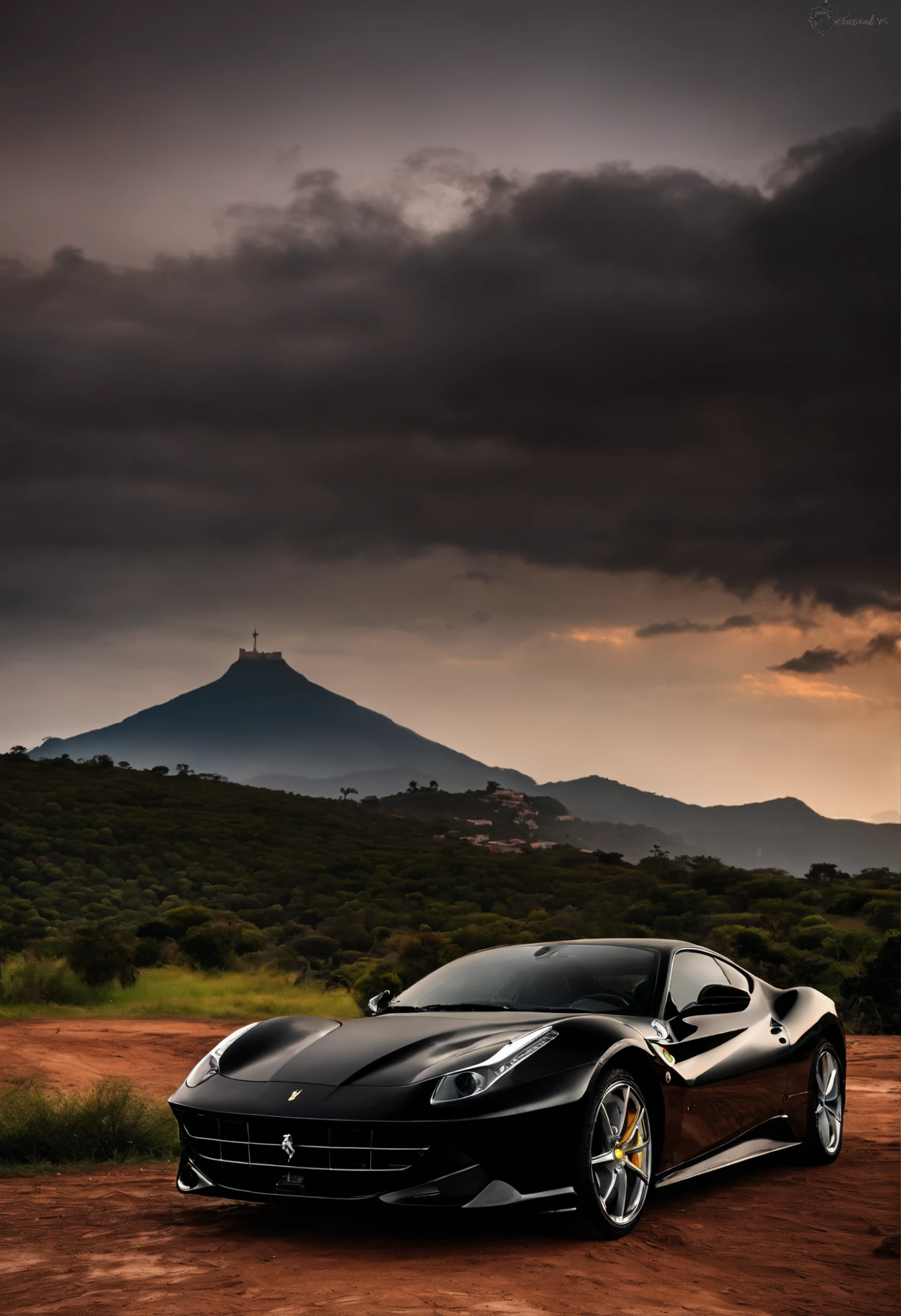 Black Ferrari in the Sahara,The background is a mountain, in the background of the image,Christ the Saviour of Rio de Janeiro. rainy days, clouds, rays.