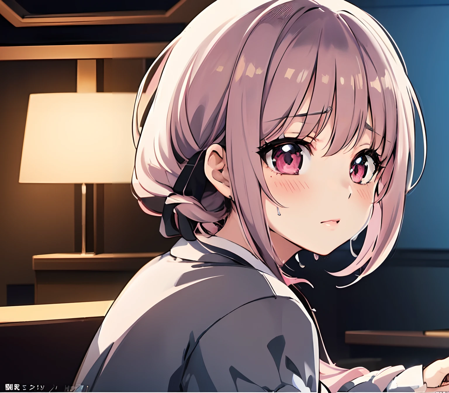 Anime girl with pink eyes and gray shirt looking at computer screen, anime visual of a cute girl, anime moe art style, Anime style portrait, Digital anime illustration, up of young anime girl, Portrait of an anime girl, Smooth anime CG art, clean and meticulous anime style, An anime girl, in an anime style, from girls frontline