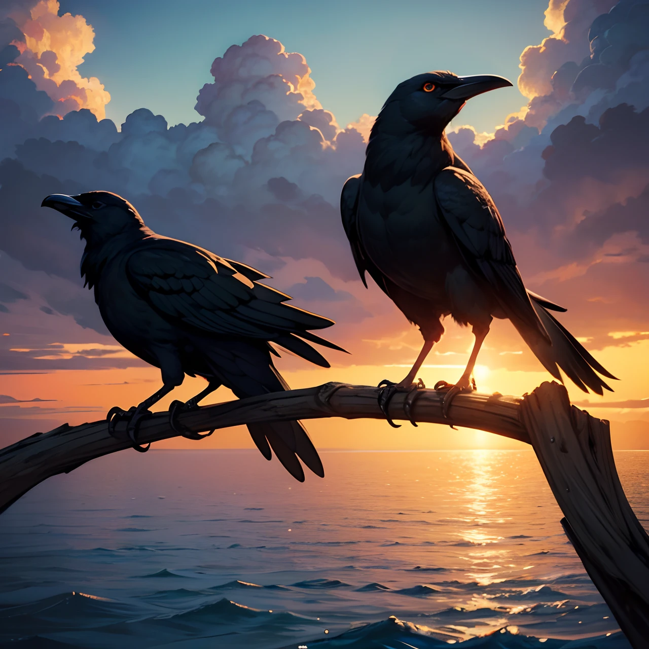 two crows, masterpiece, best quality, ultra detailed, sea, clouds, horizon,