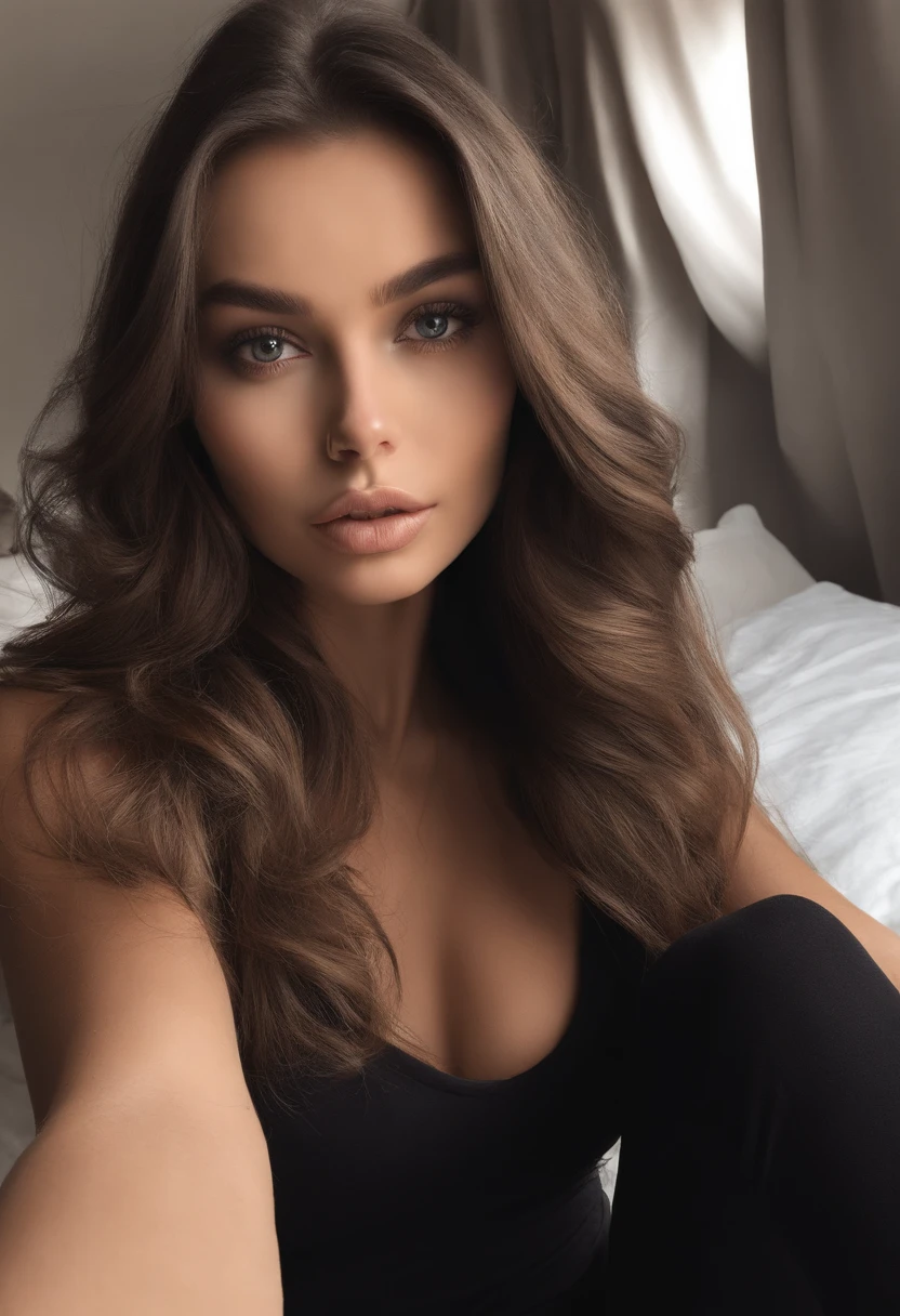 Arafed woman with black clothes, fille sexy aux yeux bruns, Portrait Sophie Mudd, cheveux noirs et grands yeux, selfie of a young woman, Yeux de chambre, Violet Myers, sans maquillage, maquillage naturel, looking straight at camera, Visage avec Artgram, Maquillage subtil, Superbe photo du corps entier, dans la chambre, clivage