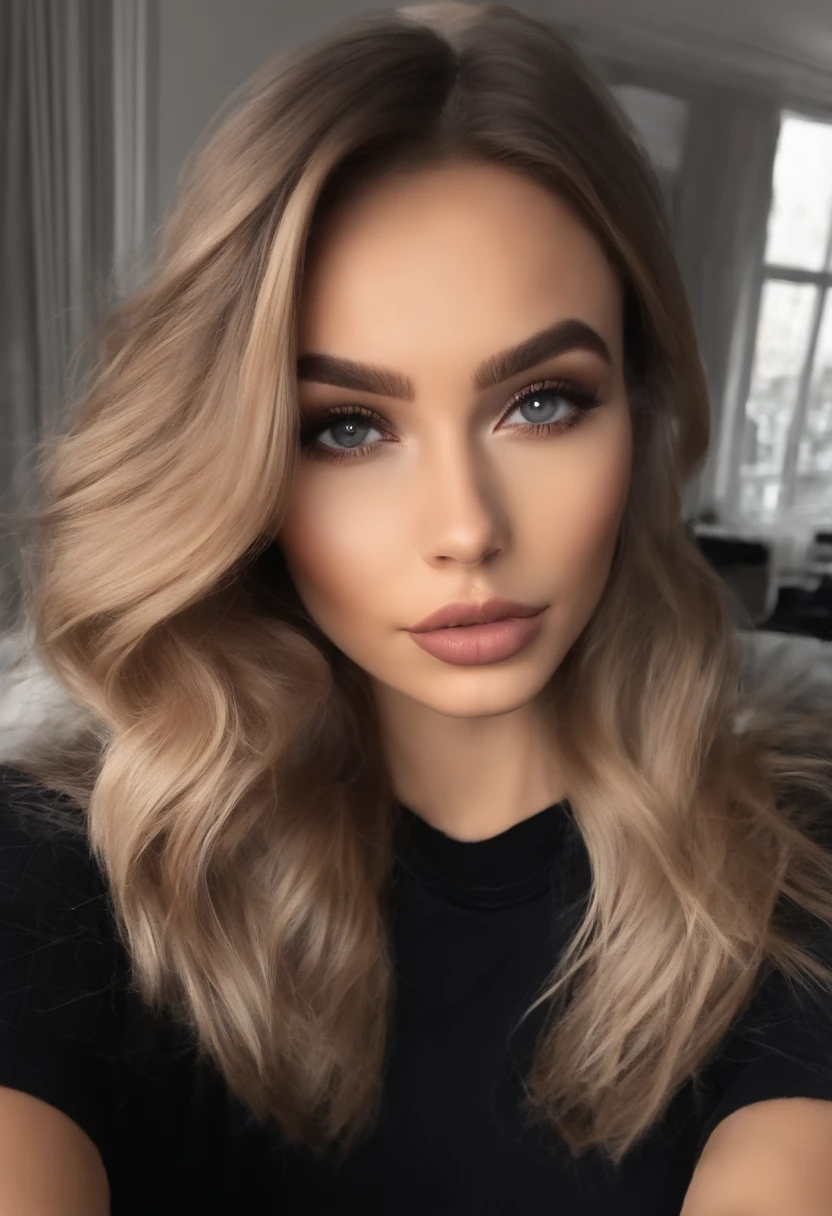 Arafed woman with black clothes, fille  aux yeux bruns, Portrait Sophie Mudd, cheveux noirs et grands yeux, selfie of a young woman, Yeux de chambre, Violet Myers, sans maquillage, maquillage naturel, looking straight at camera, Visage avec Artgram, Maquillage subtil, Superbe photo du corps entier, dans la chambre, clivage