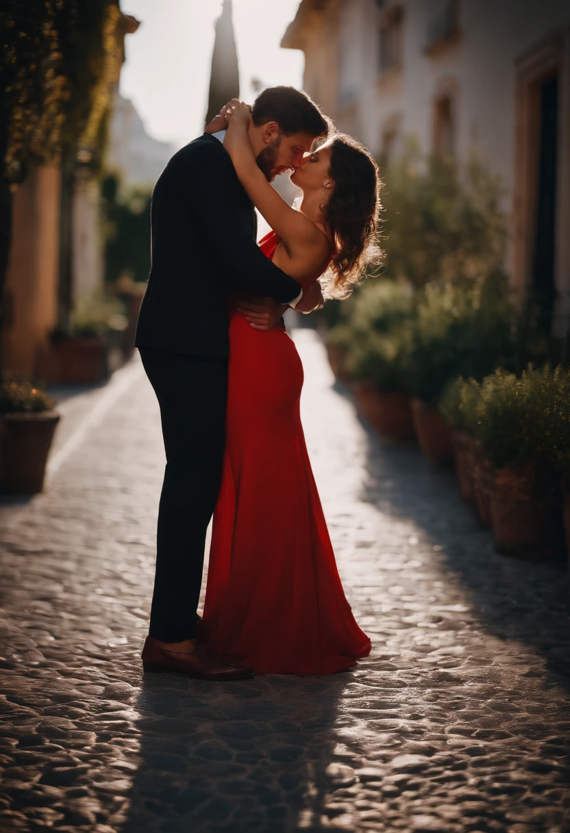 A couple man and woman he very handsome Italian 29 years old dark brown hair short vest suit is kissing passionate A beautiful young woman 23 years old wears long red dress on a luxurious terrace at night real photo clear face without deformations