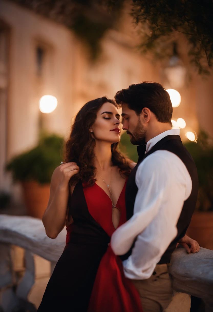 A couple man and woman he very handsome Italian 29 years old dark brown hair short vest suit is kissing passionate A beautiful young woman 23 years old wears long red dress on a luxurious terrace at night real photo clear face without deformations