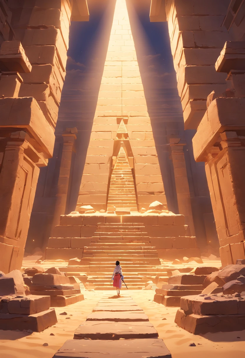 Realistic environment animated style of a pyramid interior with dark circovage, hurdy-gurdy and dilapidated with lights passing through lles hole between sand rocks. Au centre, vu de dos un pharaon.