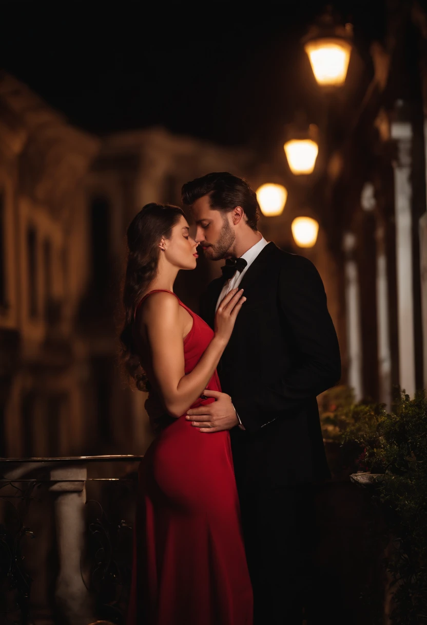 A couple man and woman he very handsome Italian 29 years old dark brown hair short vest suit is kissing passionate A beautiful young woman 23 years old wears long red dress on a luxurious terrace at night real photo clear face without deformations