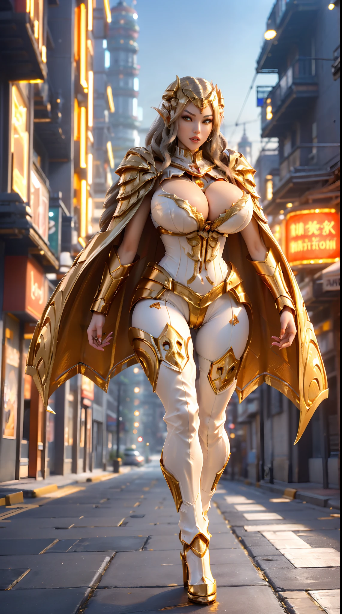 1GIRL, SOLO, (dark hair, hair gold ornament), (HUGE FAKE BOOBS:1.3), (white, orange, gold, FUTURISTIC BAHAMUT DRAGON MECHA ARMOR, ROYAL CAPE, CLEAVAGE, SKINTIGHT YOGA HOTPANTS, HIGH HEELS:1.5), (NSFW GLAMOROUS BODY, SEXY LONG LEGS, FULL BODY:1.3), (FROM FRONT, LOOKING AT VIEWER:1), (WALKING DOWN ON STREET NIGHT CITY:1.3), PHYSICALLY-BASED RENDERING, ULTRA HIGHT DEFINITION, 8K, 1080P.