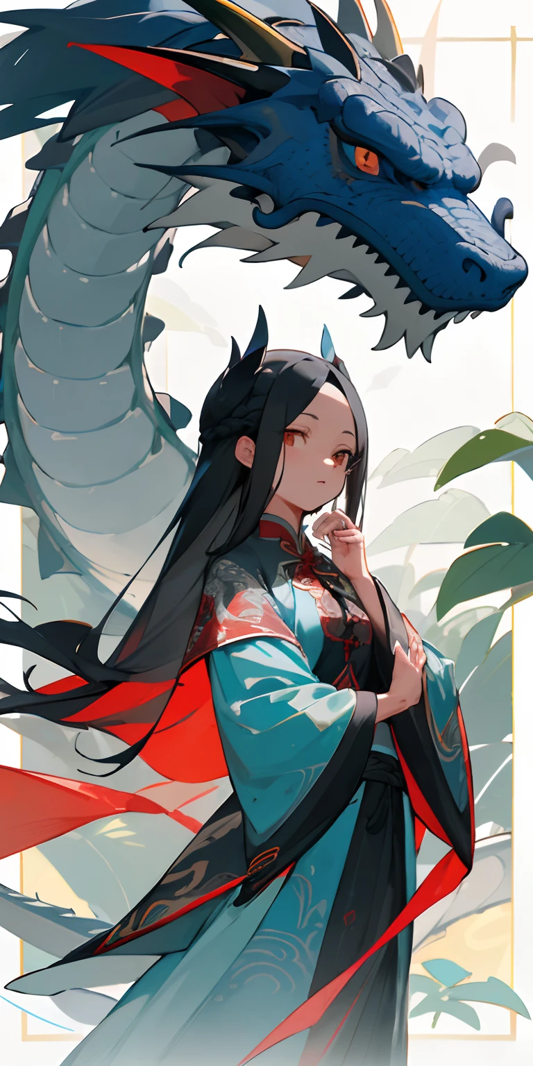 (obra-prima, melhor qualidade),1garota com longo cabelo PRETO em um campo de plantas e flores vermelhas, the hand under his chin, warm ilumination, vestido azul, primeiro plano desfocado, livros, A giant gray Chinese dragon by your side