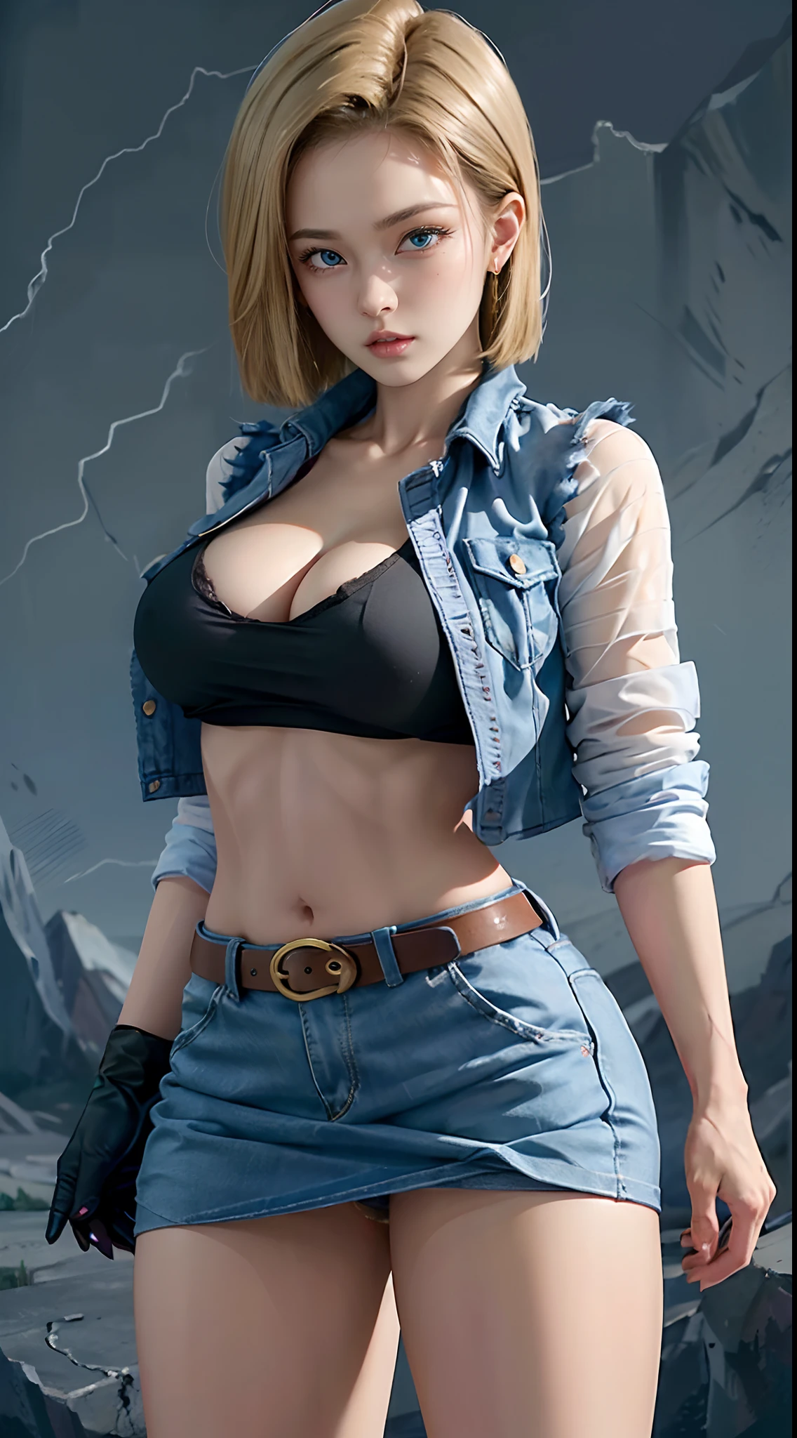 Hyper detailed image, UHD, 16k, professional photo, (Realistic photo of Android-18 From Dragon Ball Z) girl Goddess of beauty, very straight short blonde hair, serious face expression, ((she wears a blue denim jacket and a cropped white shirt, short white underground showing flesh of the breast)), erotic, open denim jacket showing her impressive, beautiful and perfect big breasts, sagging natural breasts, ((tits, ultra giant pointed long breasts sticking out of the jacket)) full breasts, body big skinny, curvy, pert ass, she wears a belt and a (((blue denim skirt raised she doesn't wear panties, pussy showing, pubic hair showing))), brown boots, perfect hands and fingers,
  android 18, sexy saiyan girl, she releases bursts of power, ki, Official Art, Android-18 Sexy female, official art of the character, sexy female protagonist, curved body, thin and toned, legs open, exposed, micro thong threaded into her pussy:8, Akiri Toriyama, Director: Akira Toriyama, Bulma from Dragon Ball, Best Anime Character Design, Style Akira Toriyama, unique character beautiful, semi-nude, (great lighting) (pussy, Pornography, pubic hair)