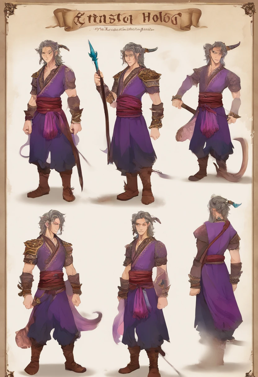 1 hombre solamente, Cabello morado pastel, Cabello largo, cabello liso y ondulado, cabello suelto, Ojos menta, Ropa ligera, Ropa de estilo chino, Ropa oriental, fantasy theme, dragon horns, dragon tail, Lindo, Mirando al espectador, fantasy art, Hermosa pintura, masculino, Esbelto, character sheet, Hoja de referencia, Varias poses