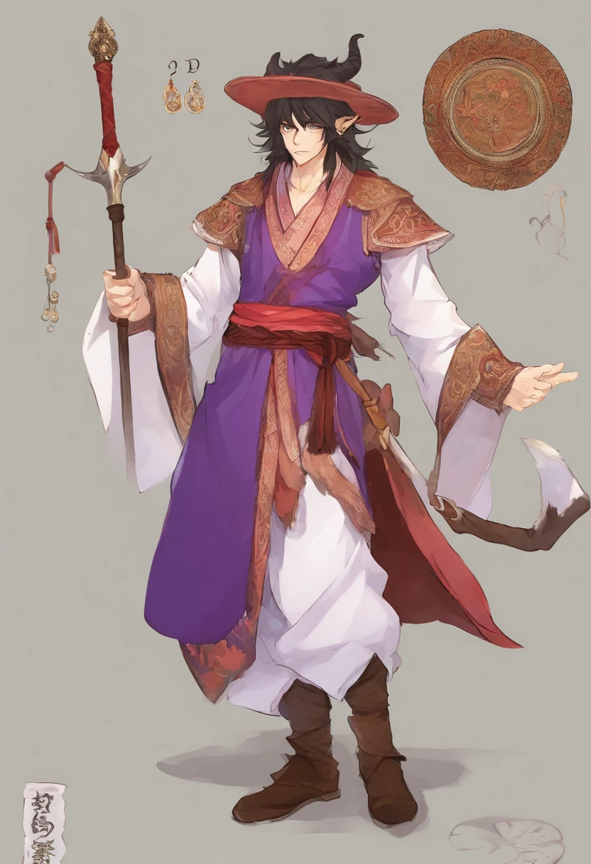 1 hombre solamente, Cabello morado pastel, Cabello largo, cabello liso y ondulado, cabello suelto, Ojos menta, Ropa ligera, Ropa de estilo chino, Ropa oriental, fantasy theme, dragon horns, dragon tail, Lindo, Mirando al espectador, fantasy art, Hermosa pintura, masculino, Esbelto, character sheet, Hoja de referencia, Varias poses