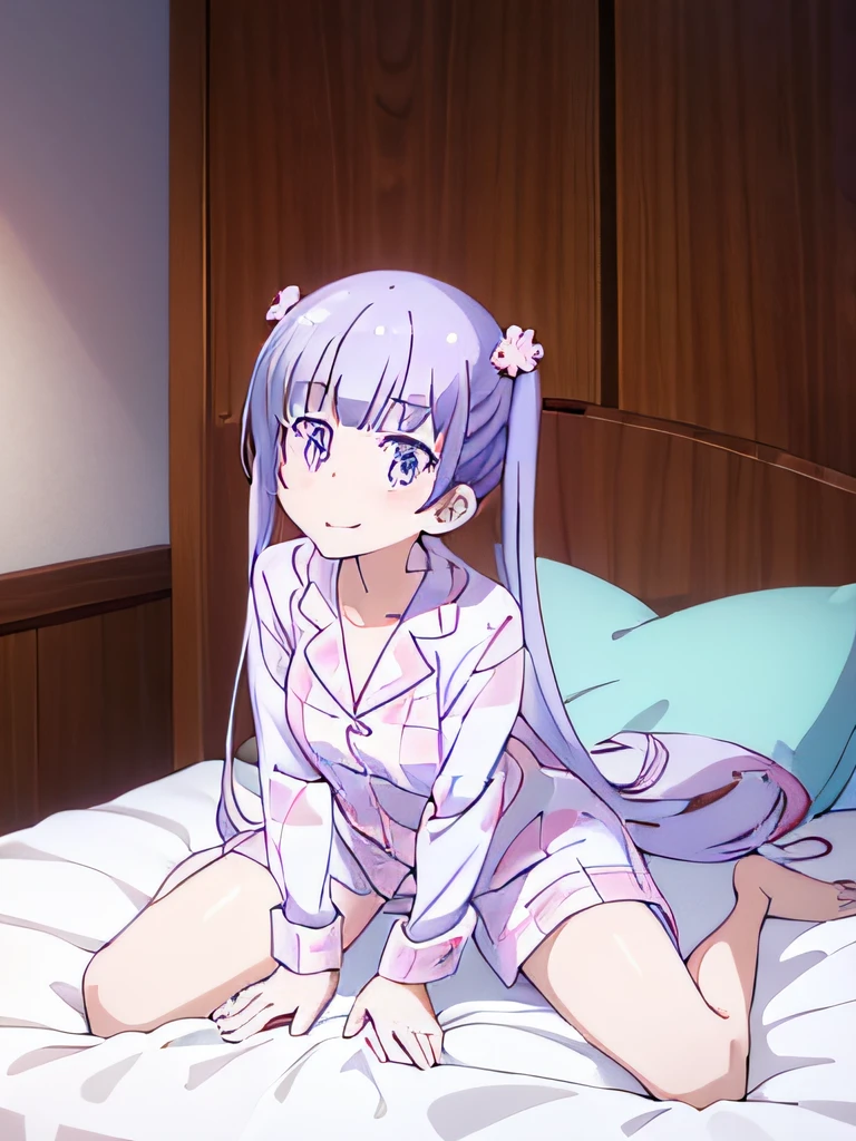 ((masutepiece)), ((Best Quality)), (Ultra-detailed), Anime style, on the bed, s, 1girl in, Solo, Pajamas 00, ((Beautiful eyes)), large full breasts, Smile