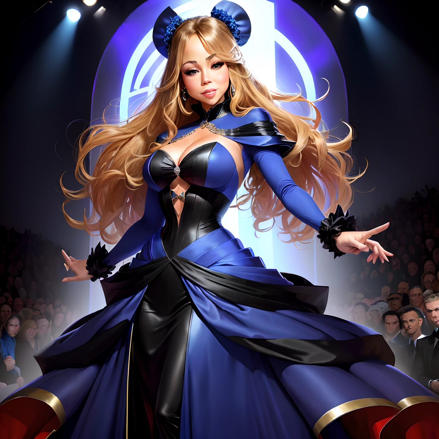 Mariah Carey very angry posing at a fashion show in the style of a Disney villain and a dark blue outfit. angry face.