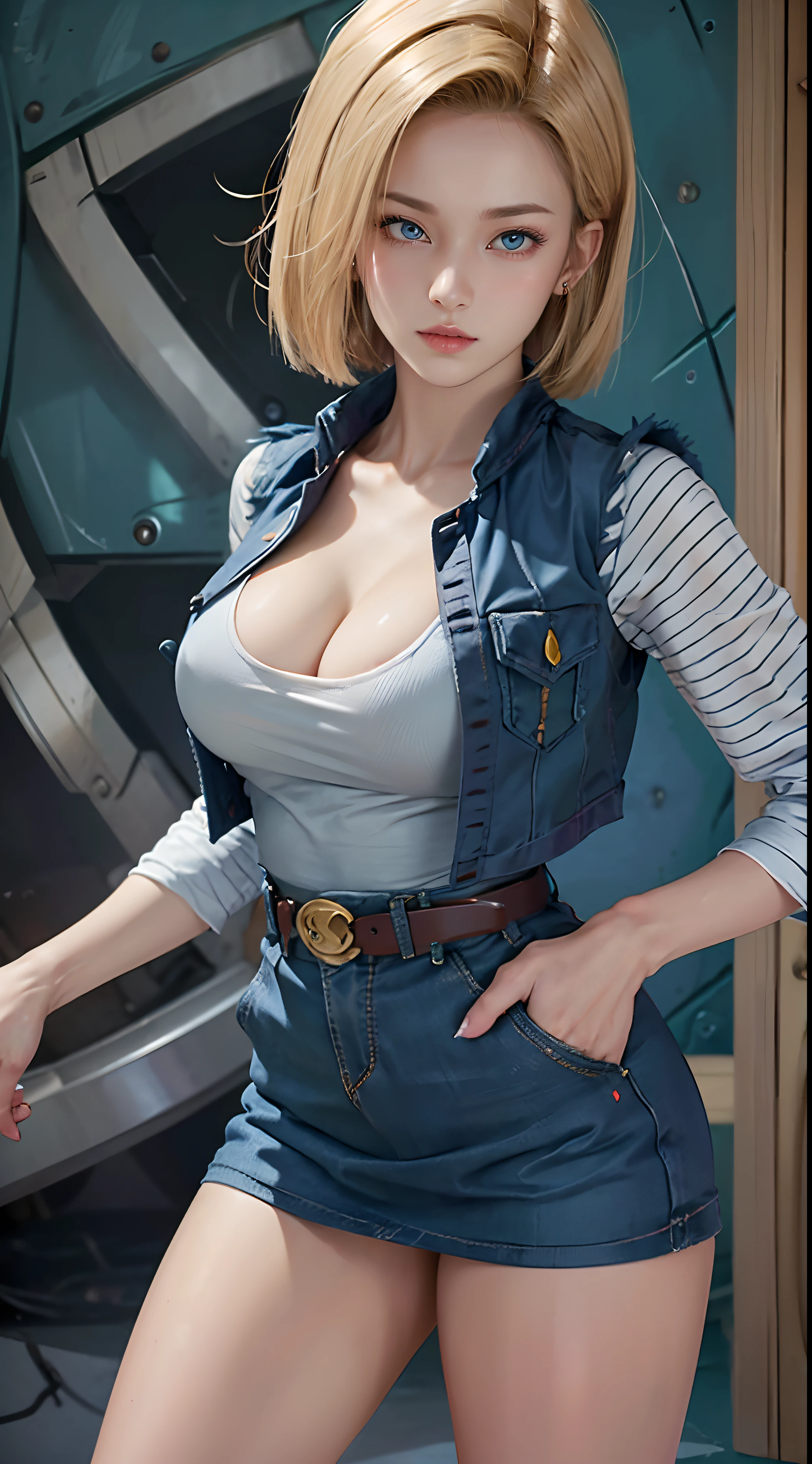 Hyper detailed image, UHD, 16k, professional photo, (Realistic photo of Android-18 From Dragon Ball Z) girl Goddess of beauty, very straight short blonde hair, serious face expression, ((she wears a blue denim jacket and a cropped white shirt, short white underground showing flesh of the breast)), erotic, open denim jacket showing her impressive, beautiful and perfect big breasts, sagging natural breasts, ((tits, ultra giant pointed long breasts sticking out of the jacket)) full breasts, body big skinny, curvy, pert ass, she wears a belt and a (((blue denim skirt raised she doesn't wear panties, pussy showing, pubic hair showing))), brown boots, perfect hands and fingers,
  android 18, sexy saiyan girl, she releases bursts of power, ki, Official Art, Android-18 Sexy female, official art of the character, sexy female protagonist, curved body, thin and toned, legs open, exposed, micro thong threaded into her pussy:8, Akiri Toriyama, Director: Akira Toriyama, Bulma from Dragon Ball, Best Anime Character Design, Style Akira Toriyama, unique character beautiful, semi-nude, (great lighting) (pussy, Pornography, pubic hair)