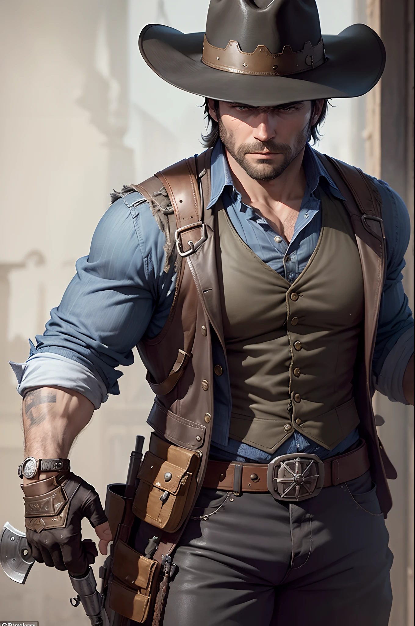 Arthur Morgan, This is an American bandit from the 1880s, He has a cowboy hat, blue shirt with gray vest and black pants with boots, He also has a silver revolver in his right hand, In his left hand, he holds the head of a policeman, from which blood is flowing
