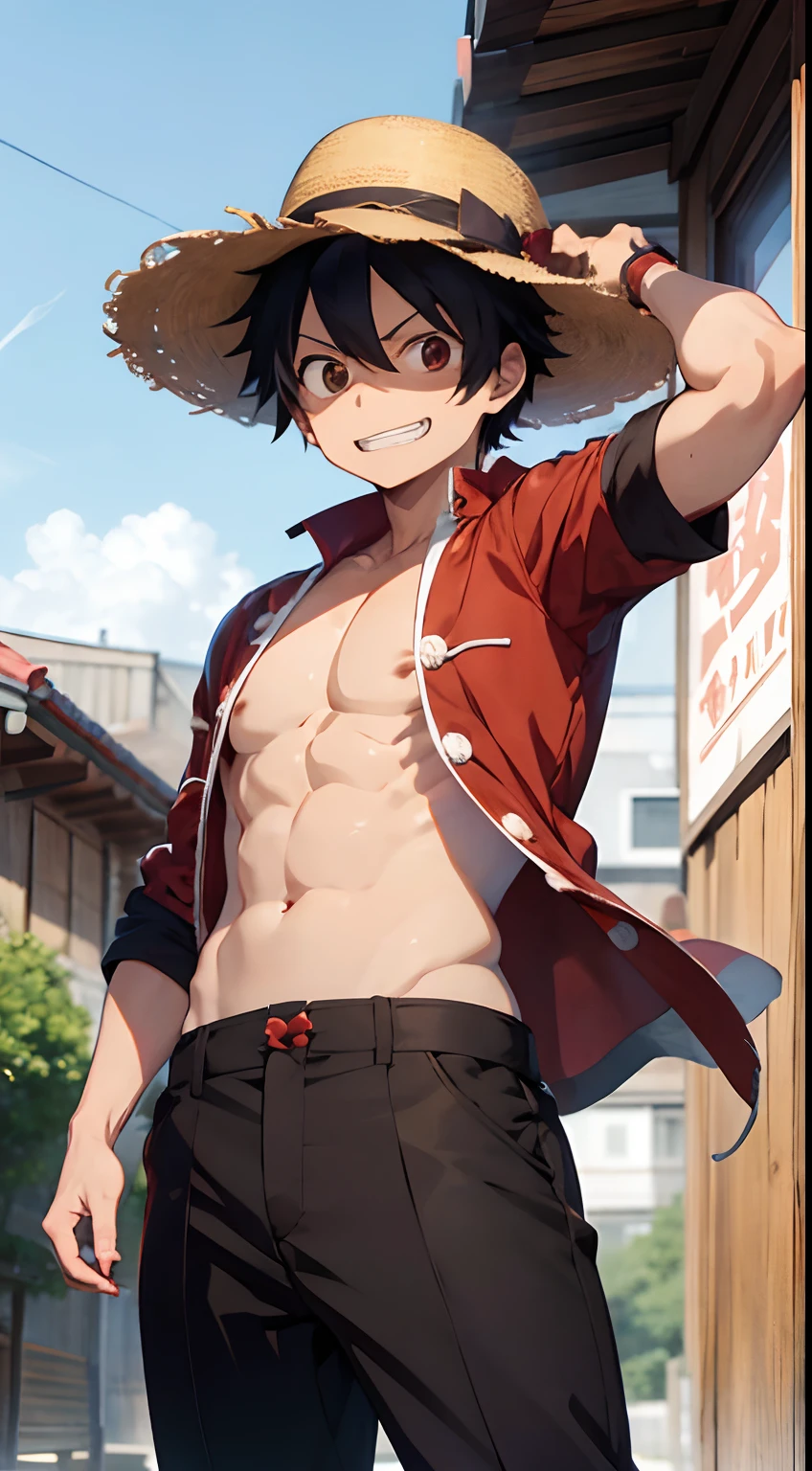 Demon slayer character Tanjiro Kamado, male, dressed as Luffy from One piece, smiling