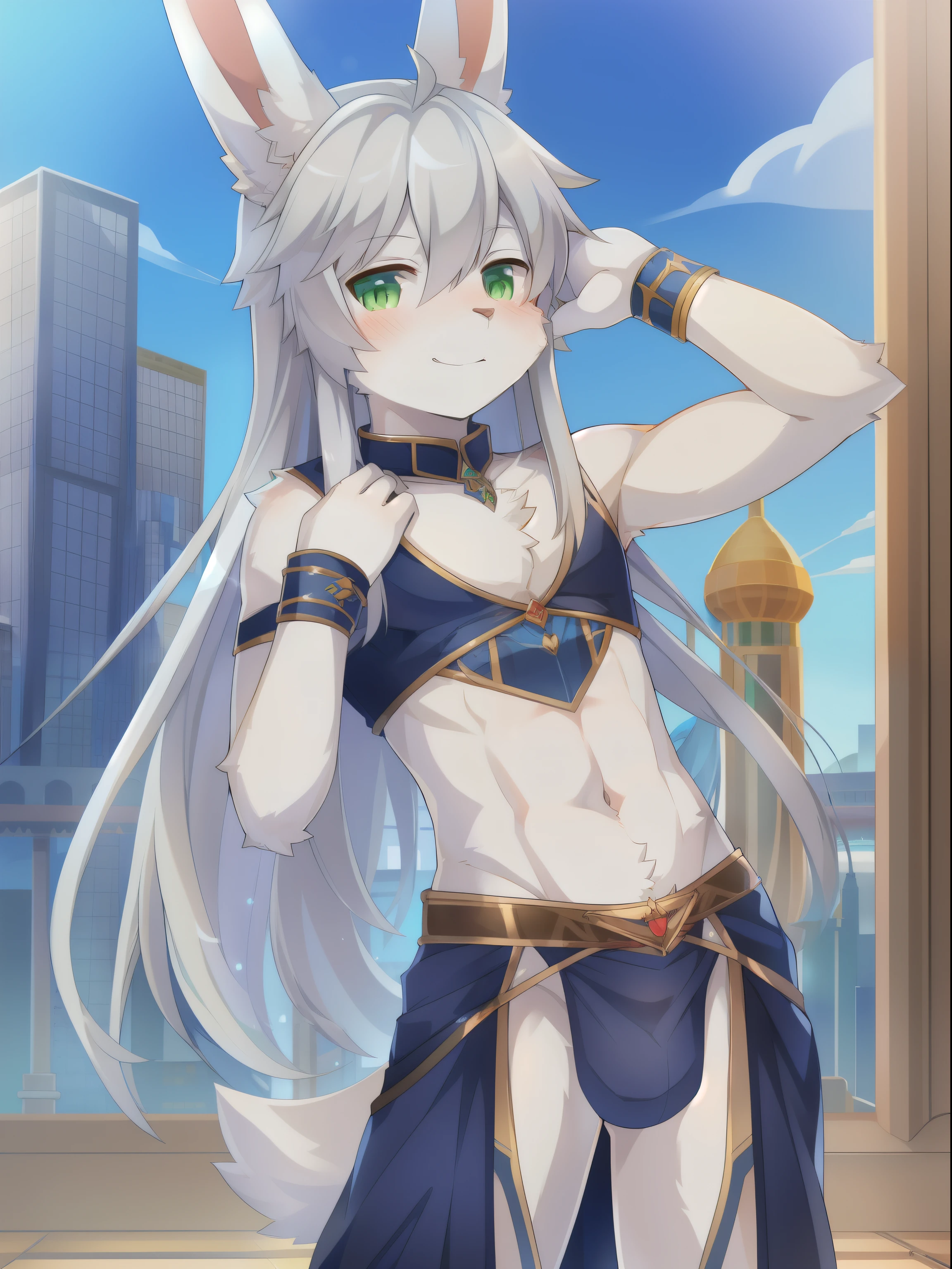 1boy, solo (thin:1.5), (twink), kemono, Furry, furry bunny, anthropomorphic, male, silver fur, green eyes, long hair, silver hair, femboy, revealing outfit, fantasy city, uploaded on e621,