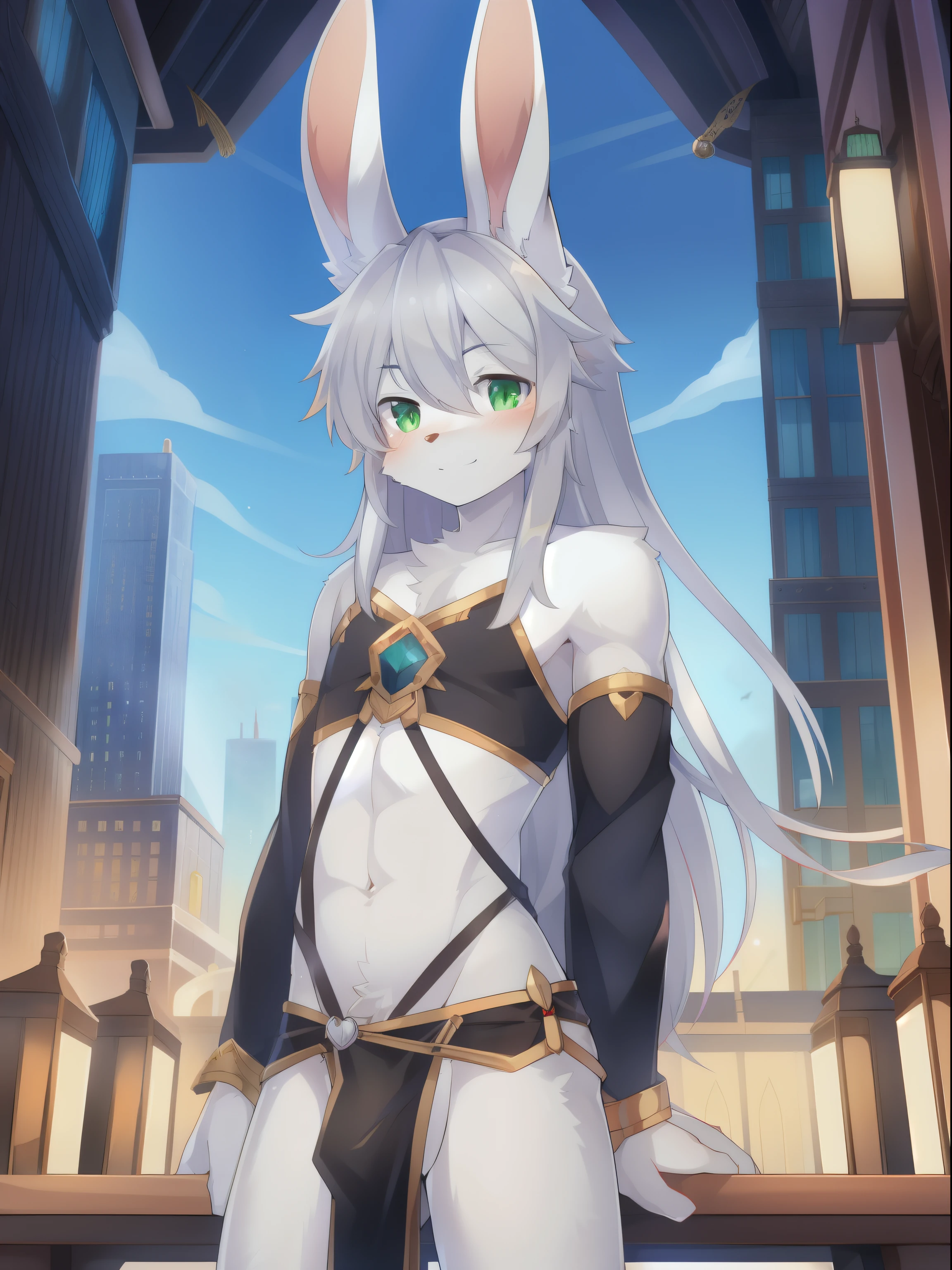 1boy, solo (thin:1.5), (twink), kemono, Furry, furry bunny, anthropomorphic, male, silver fur, green eyes, long hair, silver hair, femboy, revealing outfit, fantasy city, uploaded on e621,