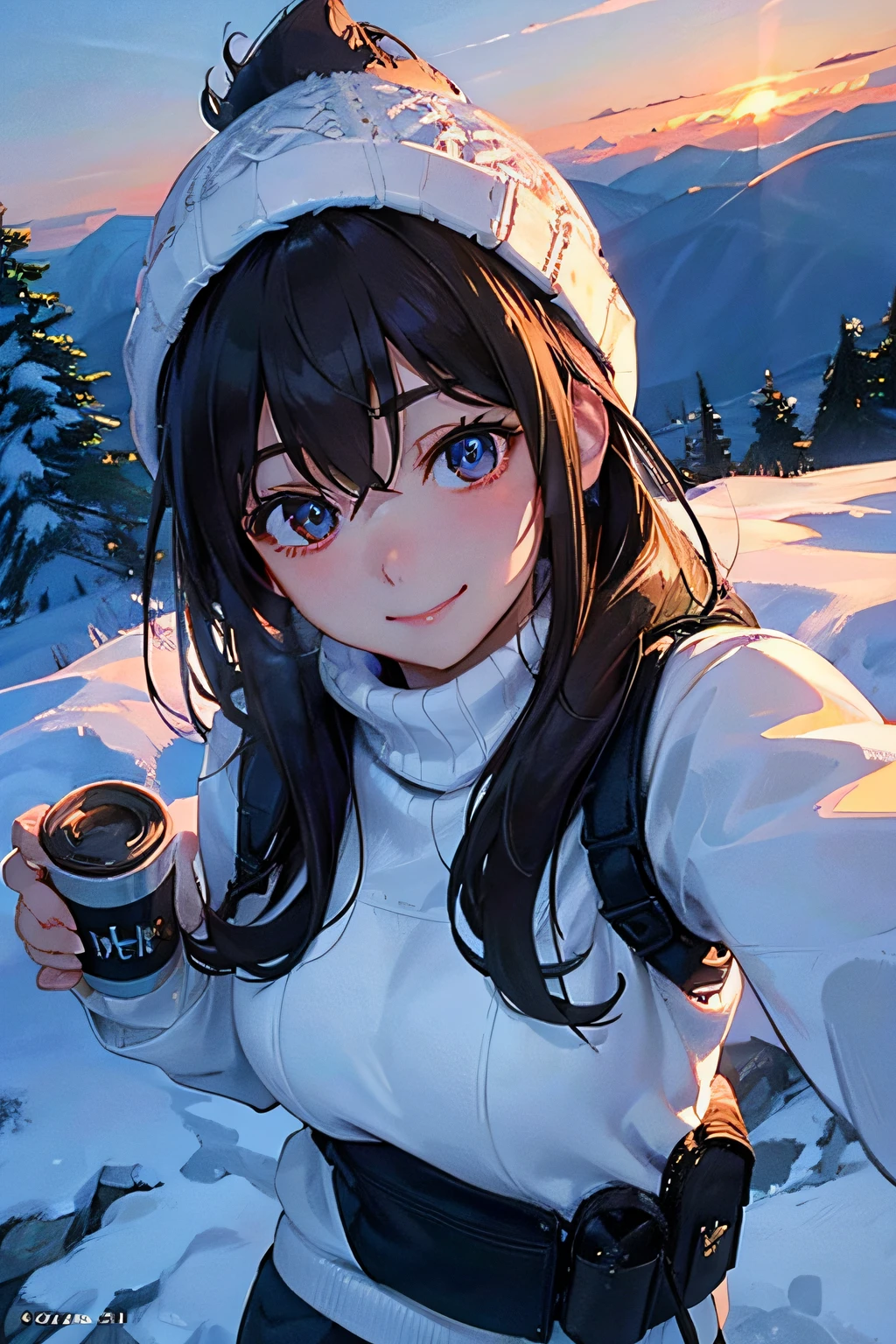 (Upper body selfie:1.3),Winter climbing,With a superb view from the summit in the background,Beautiful sunrise,Remove the beam from above,Backlighting,Generate images of beautiful women around the world,Especially while reflecting elements of Western beauty.Woman with natural smile and attractive expression,Woman with natural smile and attractive expression,Transparent skin,sparkle in eyes,Expresses an elegant atmosphere,,Solo, backpack,knit hat,Sweaters,gloves,Mountain boots,water bottle,Camping stove,kettle,mug,Single-person tent,strong wind blowing,blizzard,Hair fluttering in the storm,(The 8k quality,masutepiece,top-quality,Ultra-high resolution output image,),(Highly detailed raw photos:1.3),(Image Mode Ultra HD),