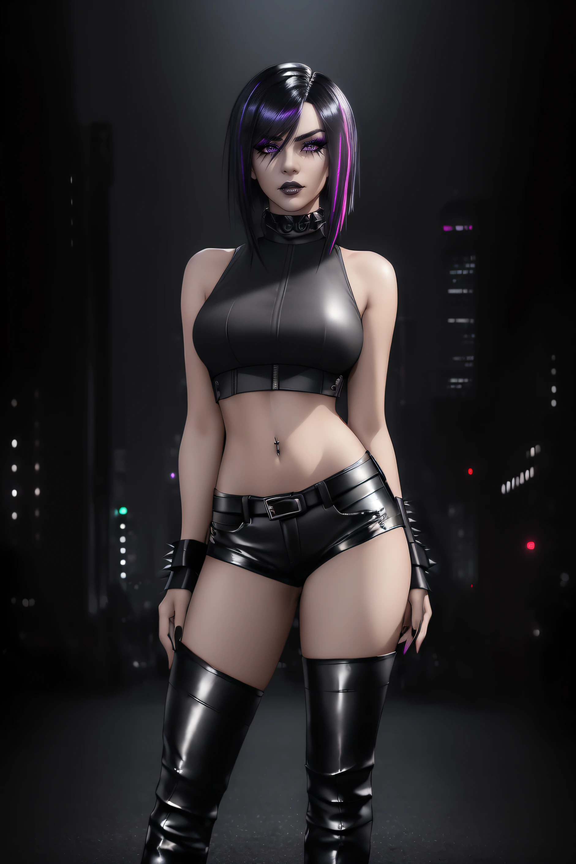 beautiful girl, ((standing:1.4)), (confident gaze:1.1), full body, short bright neon streaked black hair, ((seductive pose:1.2)), black eyeshadow, (street style wear:1.2), ((tight fitted pants)), ((knee high leather boots)), (dark city night black background:1.4), dark makeup, digital art, trending on artstation, highly detailed, fine detail, intricate, detailed facial features, sharp focus, smooth, aesthetic,