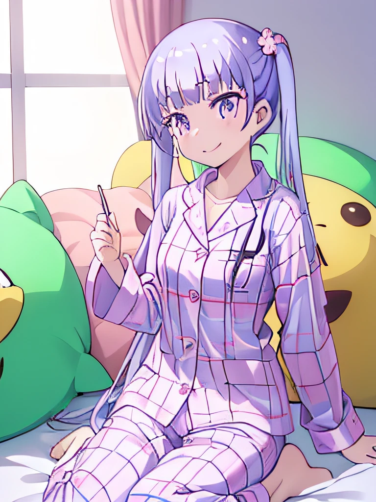 ((masutepiece)), ((Best Quality)), (Ultra-detailed), Anime style, on the bed, Cute *********** s, 1girl in, Solo, Pajamas 00, ((Beautiful eyes)), large full breasts, Smile