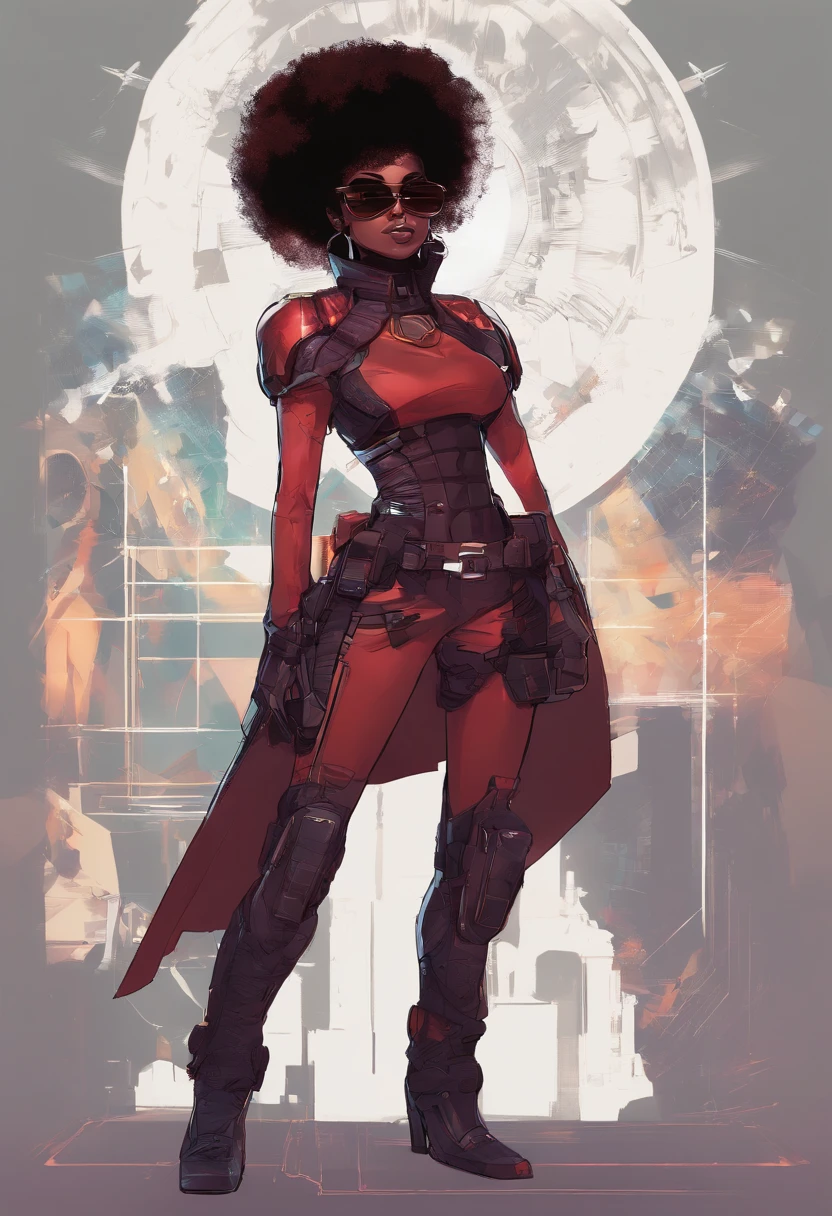 Garnet, square afro, lips, sunglasses, navel , standing, close up, GaSut, cropped chest armor with star, multicolored bodysuit, elbow gloves, dark corners, retro, (insanely detailed, beautiful detailed face, masterpiece, beautiful detailed eyes, best quality)