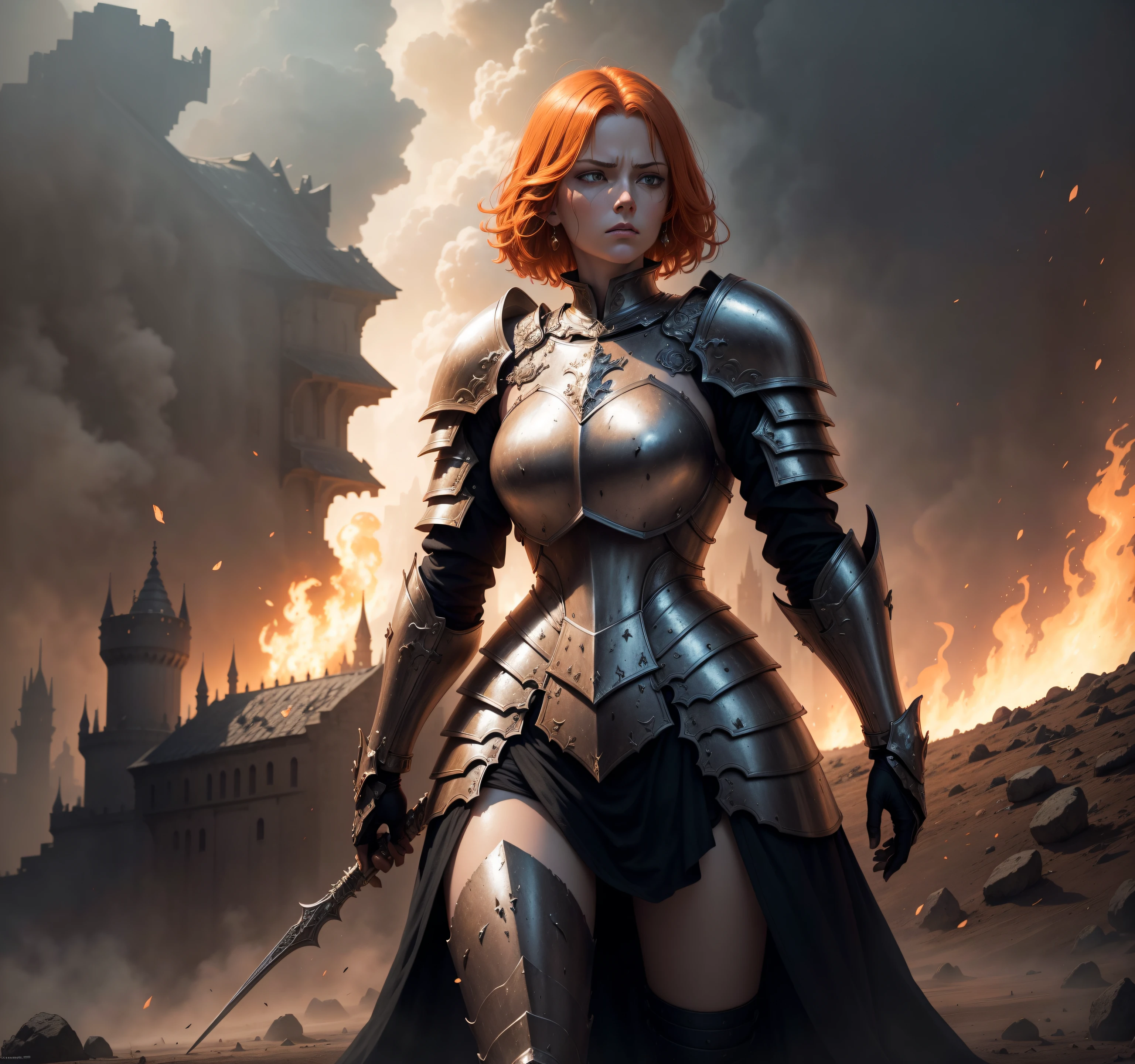 detailed illustration of ginger female divine paladin wearing full plate armor, heavily damaged armor, standing sad on a battlefield, battlefield on fire as background, dirt, misery and decadence, dark ambient, art by Mschiffer, tetradic colors, dark fantasy background, realistic aspect, castle background, short hair, angry
