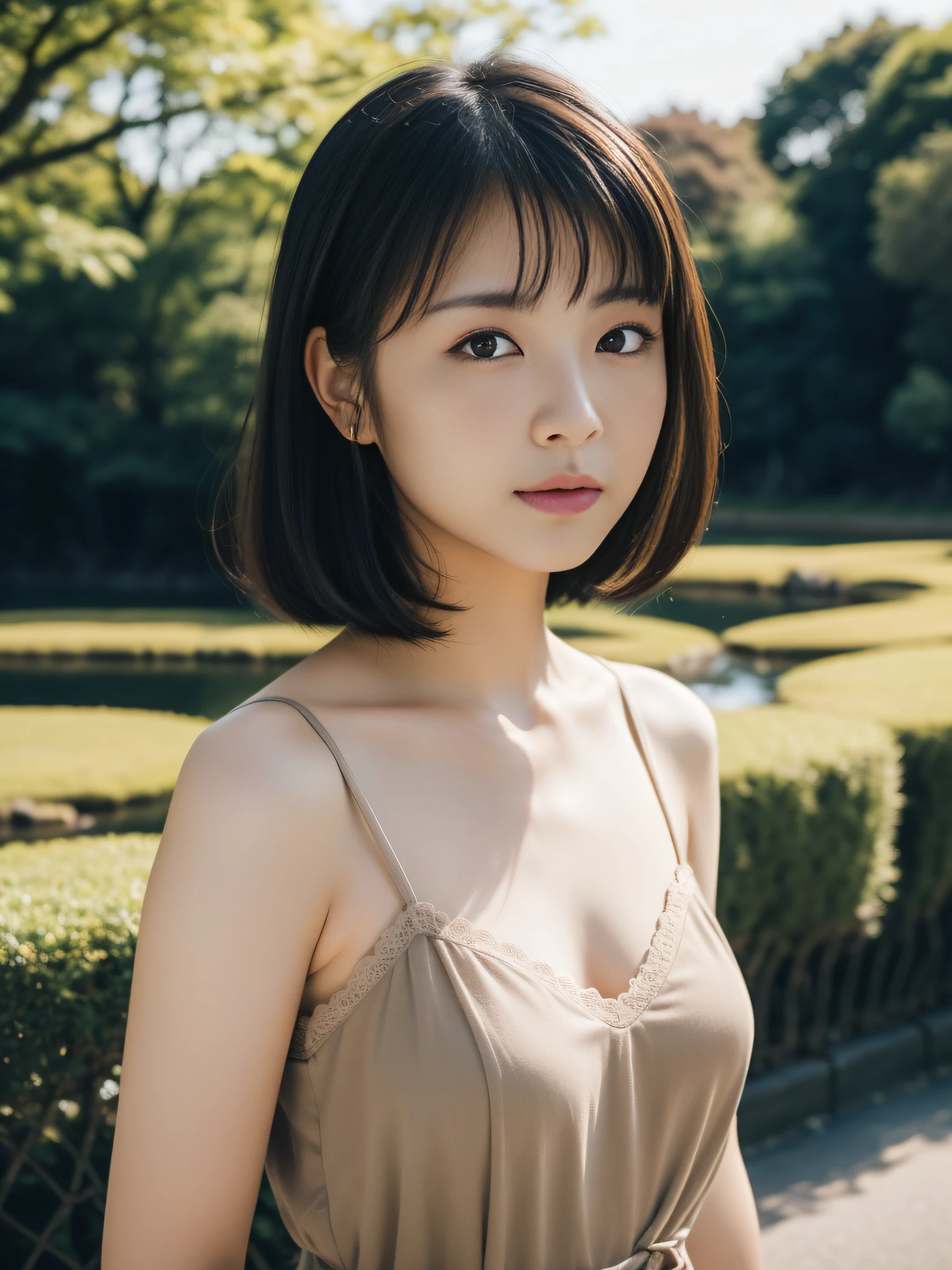 1young girls, Extremely beautiful, (Extremely cute), (extremely detailed beautiful face), Amazing face and eyes, rather dense hair、slightly brighter eyes、no-makeup、(Mini dress with camisole)、(Best Quality:1.4), (Ultra-detailed), extremely detailed CG unified 8k wallpaper, A hyper-realistic, (Photorealsitic:1.4), full body Esbian、Raw photography, professional photograpy, Cinematic lighting, Realistic portrait, ((Bokeh)), (depth of fields:1.4), (View photographer:1.3)、18year old、(Inokashira Park),(Inokashira Pond)、(full body Esbian)、Accurate eyes、Beautiful mouth、(Keep your mouth completely closed)、(early evening:1.3)、(look at a camera)、the setting sun