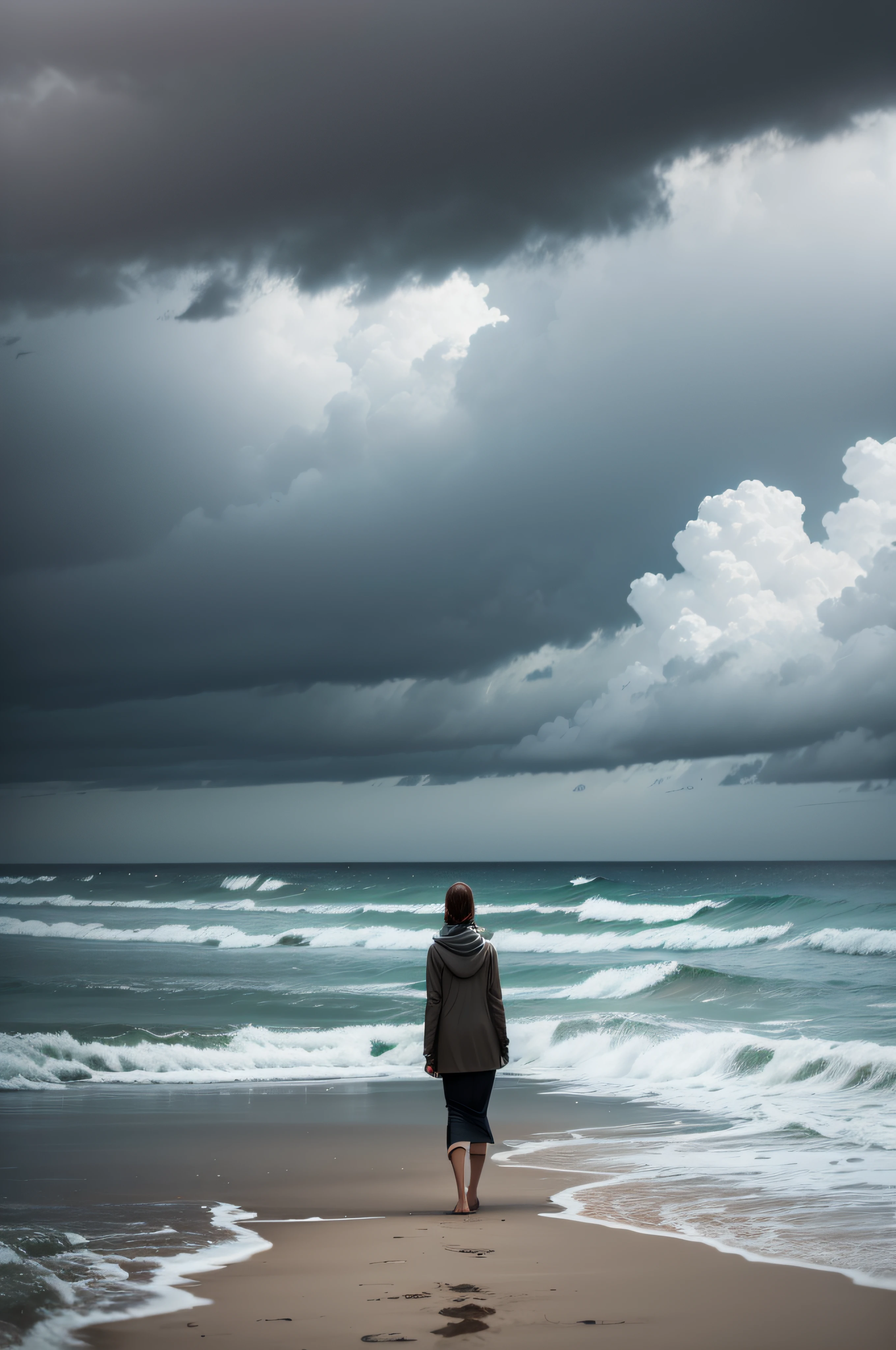 a deserted beach on a cloudy day, misty, rainy, a woman faces de horizon of the ocean alone