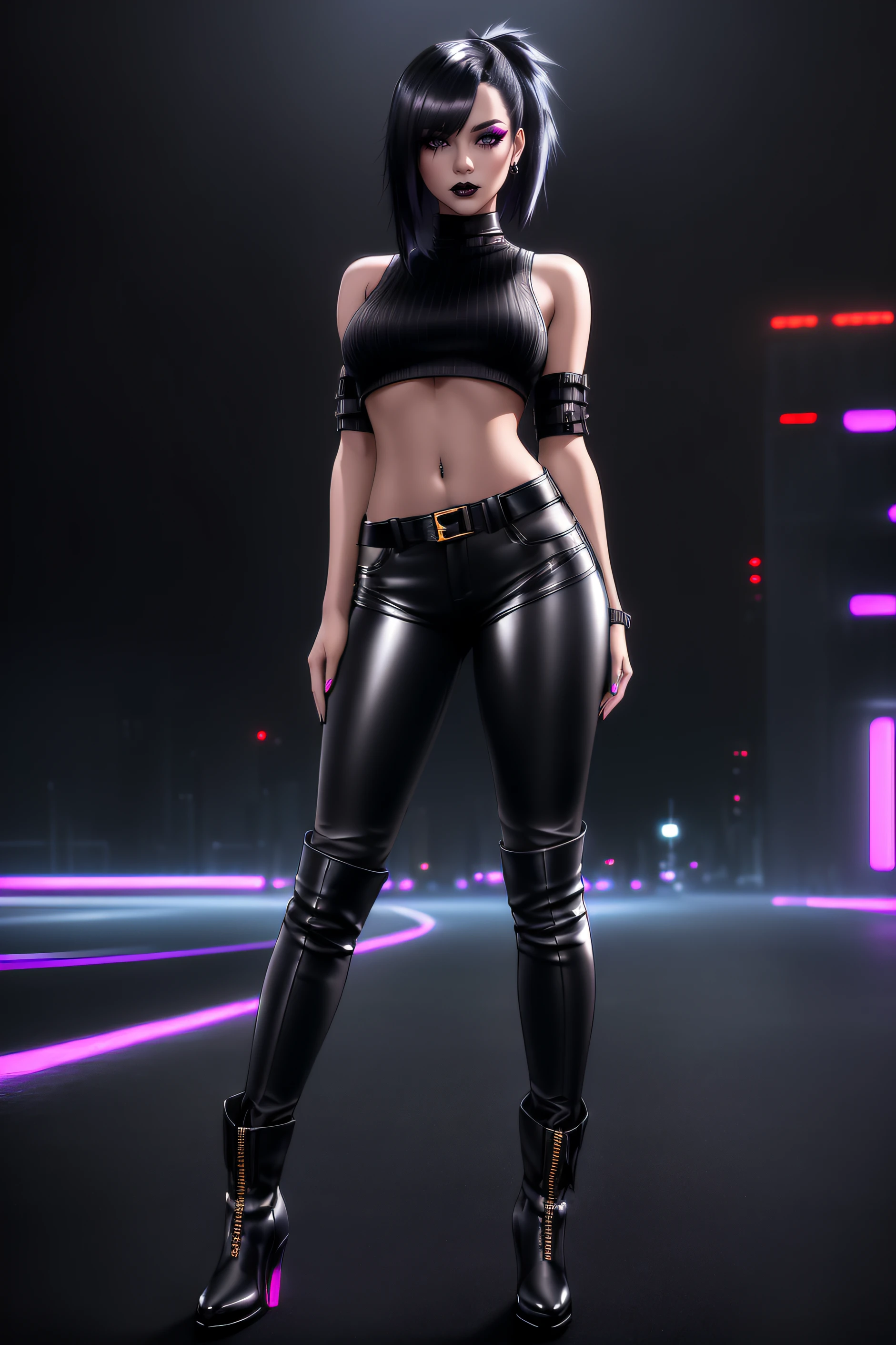 beautiful girl, ((standing:1.4)), (confident gaze:1.1), full body, short bright neon streaked black hair, ((seductive pose:1.2)), black eyeshadow, (street style wear:1.2), ((tight fitted pants)), ((knee high leather boots)), (dark city night black background:1.4), dark makeup, digital art, trending on artstation, highly detailed, fine detail, intricate, detailed facial features, sharp focus, smooth, aesthetic,