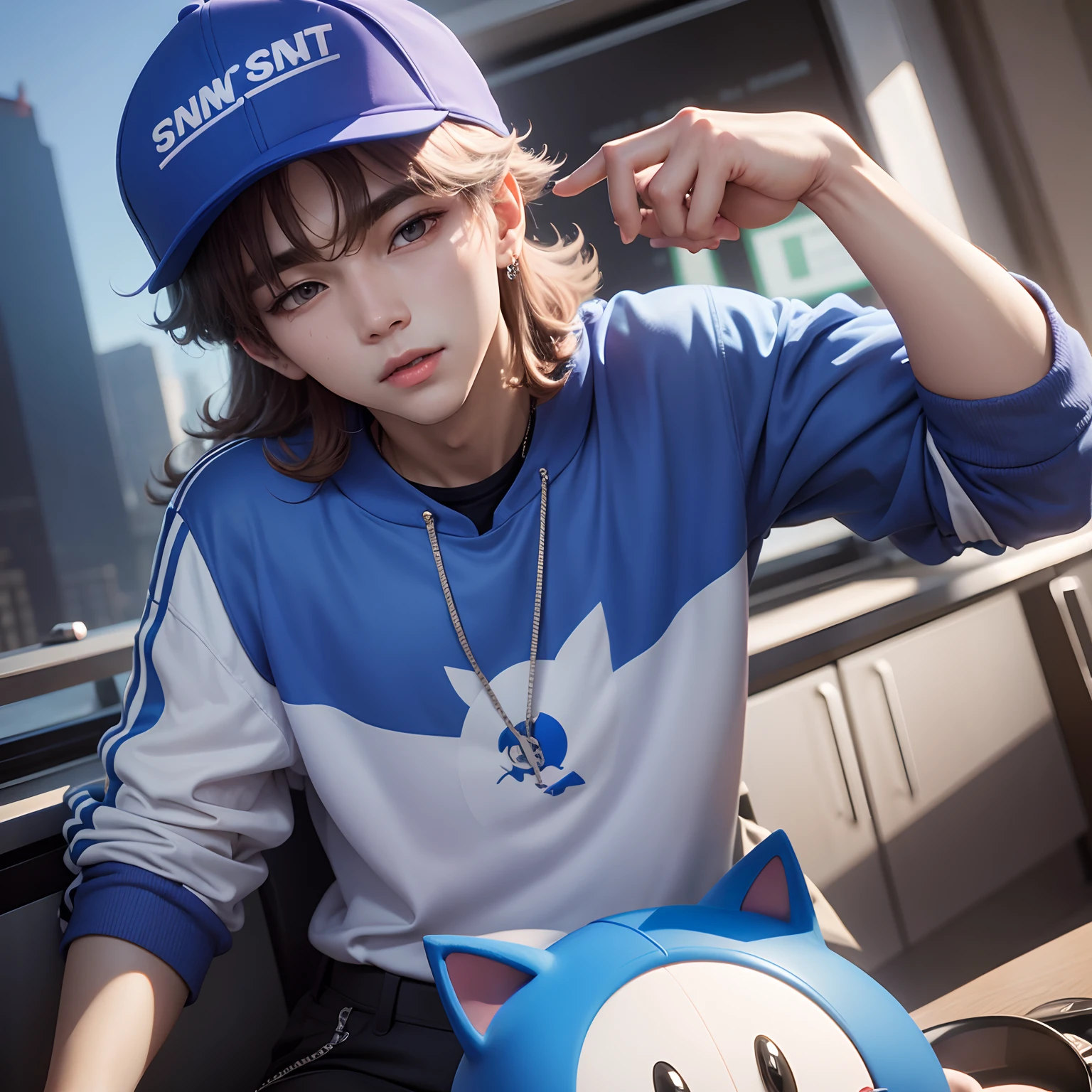 BTS' Kim Taehyung with a Sonic cap on her head