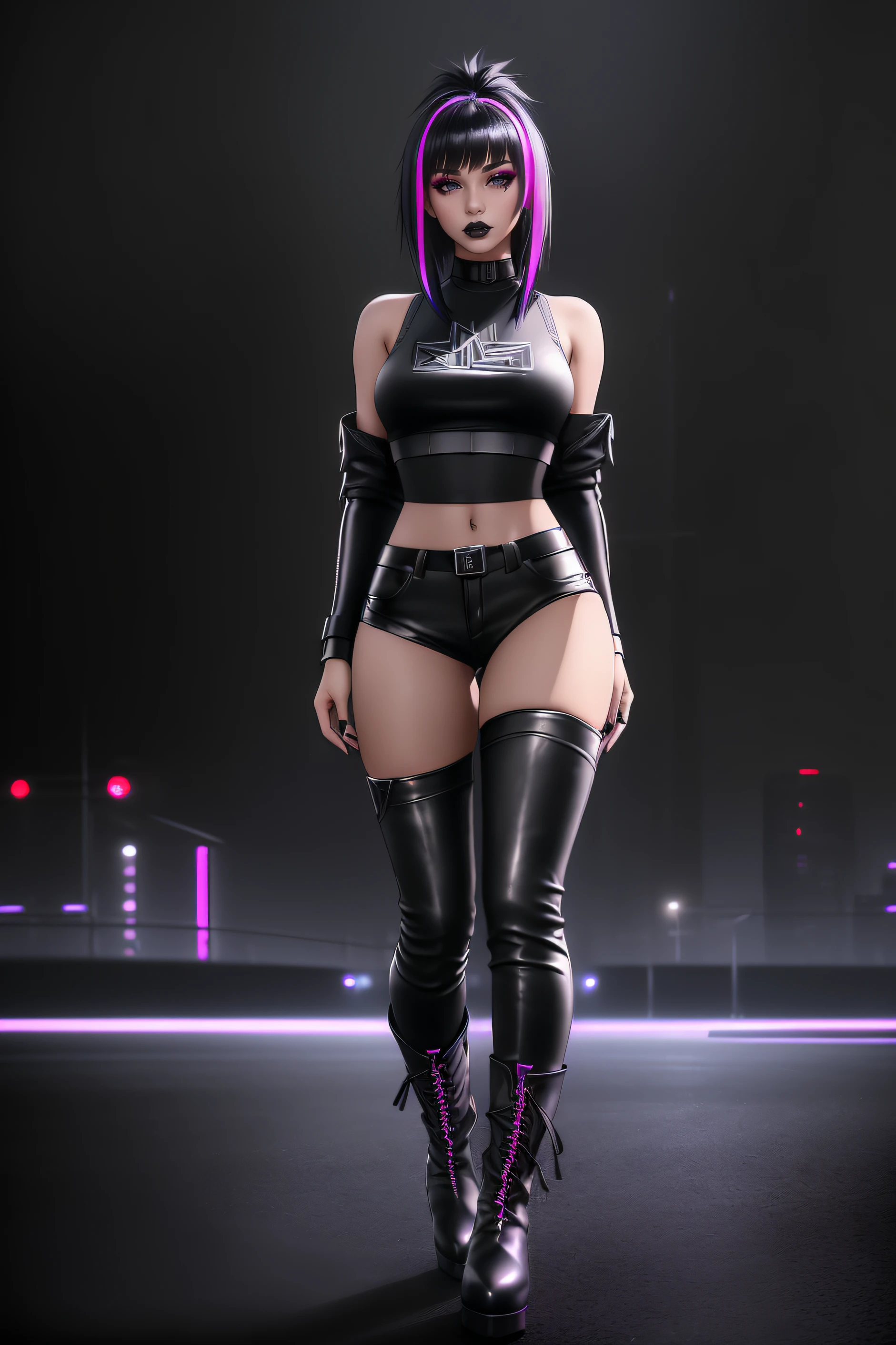 beautiful girl, ((standing:1.4)), (confident gaze:1.1), full body, short bright neon streaked black hair, ((seductive pose:1.2)), black eyeshadow, (street style wear:1.2), ((tight fitted pants)), ((knee high leather boots)), (dark city night black background:1.4), dark makeup, digital art, trending on artstation, highly detailed, fine detail, intricate, detailed facial features, sharp focus, smooth, aesthetic,