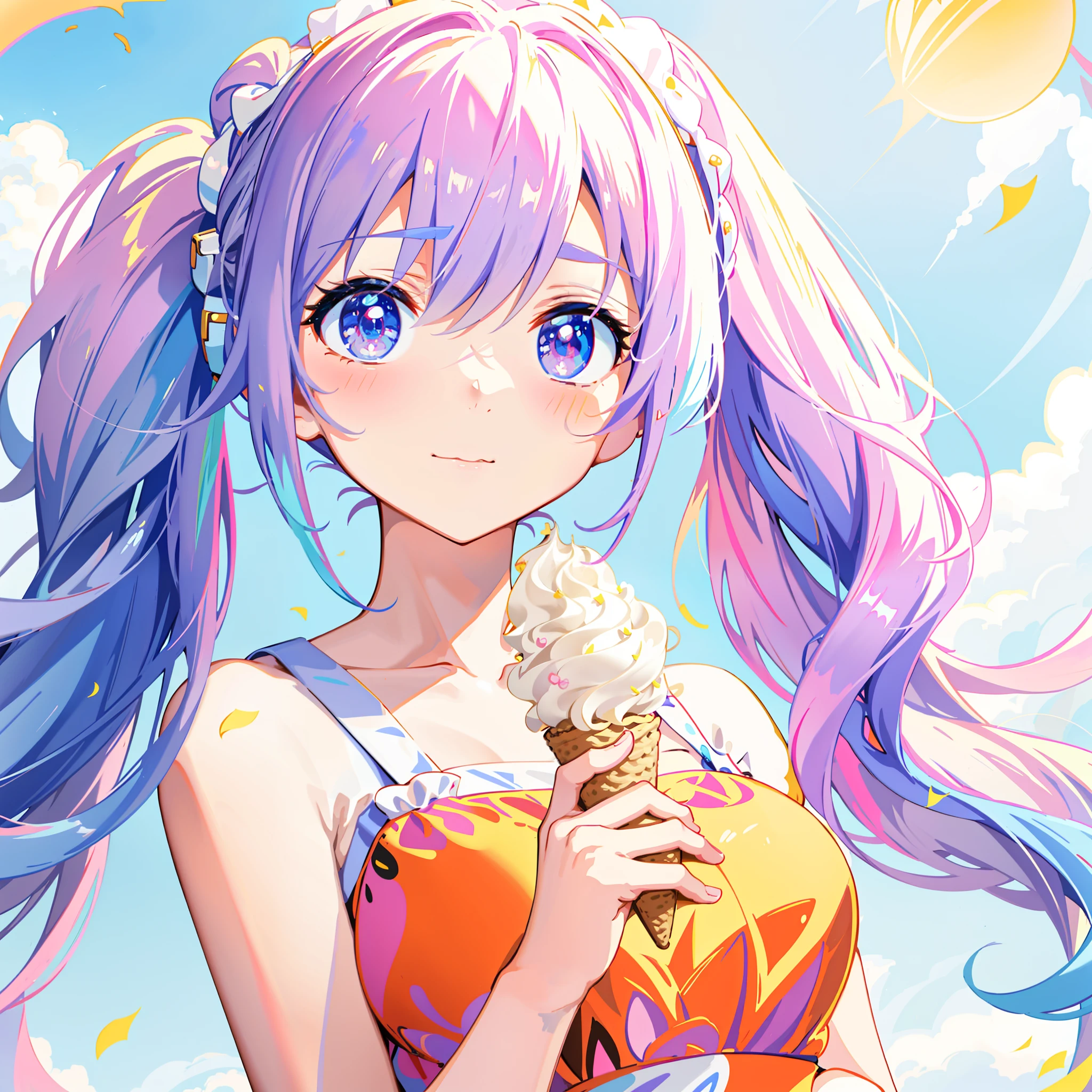 Long haired anime girl with soft cream cone in front of blue sky, cute anime girl, anime style 4K, cute anime girl, beautiful anime girl, cute anime girl portrait, cute anime girl portrait, cute anime, splash art anime , anime moe art style, beautiful anime portrait, Beautiful anime art style, digital anime art!!