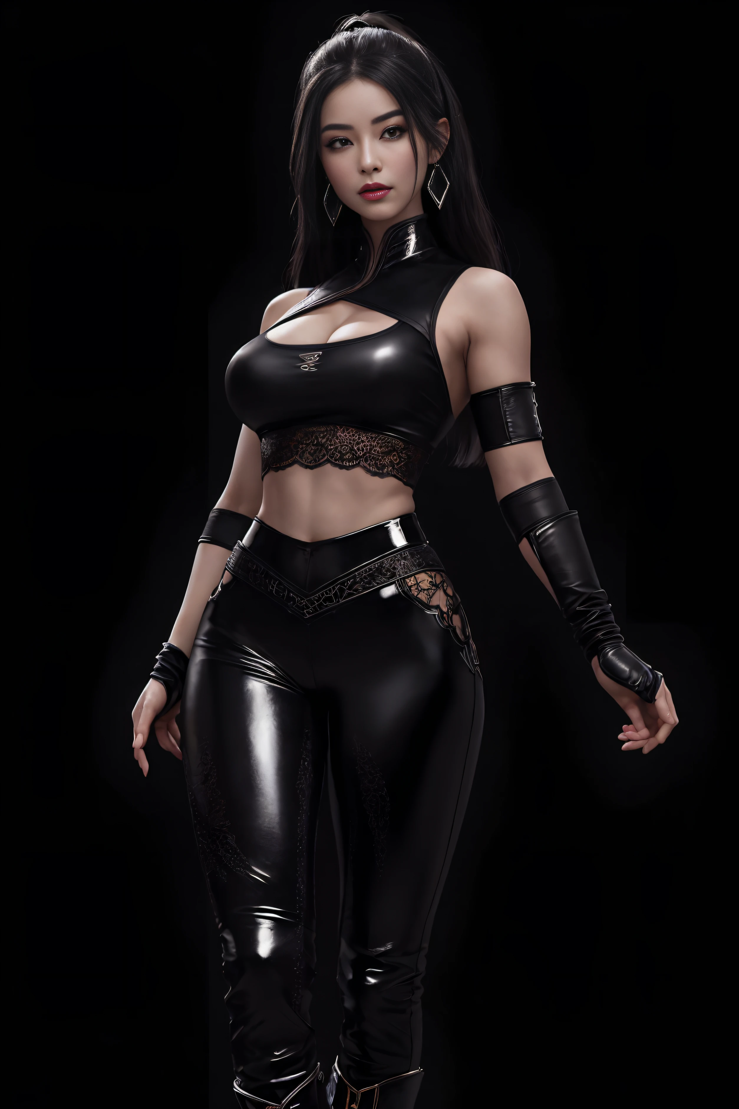 (masterpiece, top quality, best quality, official art, beautiful and aesthetic:1.2), (1girl:1.3), (fractal art:1.3), solo, Jade from mortal kombat, Mortal Kombat video game, black headband, long hair, large breasts, deep cleavage, beautiful face, Asian lady, see-through lace top, ((tight fitted pants)), black gloves, black brown hair, long patent leather black boots , earrings, midriff, navel, toned, looking at viewer, full body, seductive stance, legs apart, (dark city night black background:1.4), bright neon lighting, cinematic lighting