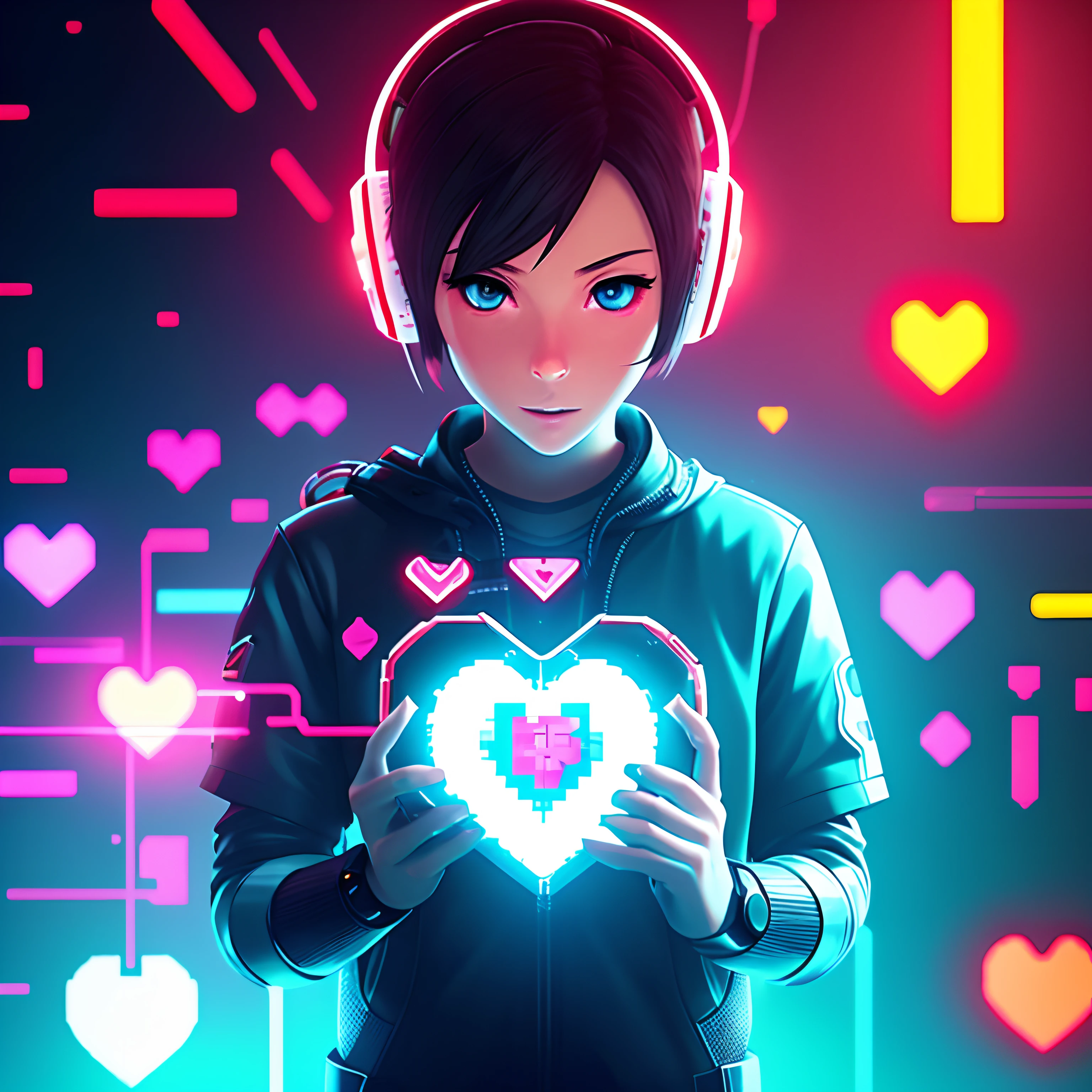 Video Game Control Inside a Heart, fondo rojo con reflejo de luz, High-resolution 8K image, imagen de 8 bits con persona animada futurista con control de video juegos, Mensaje de texto "manco"