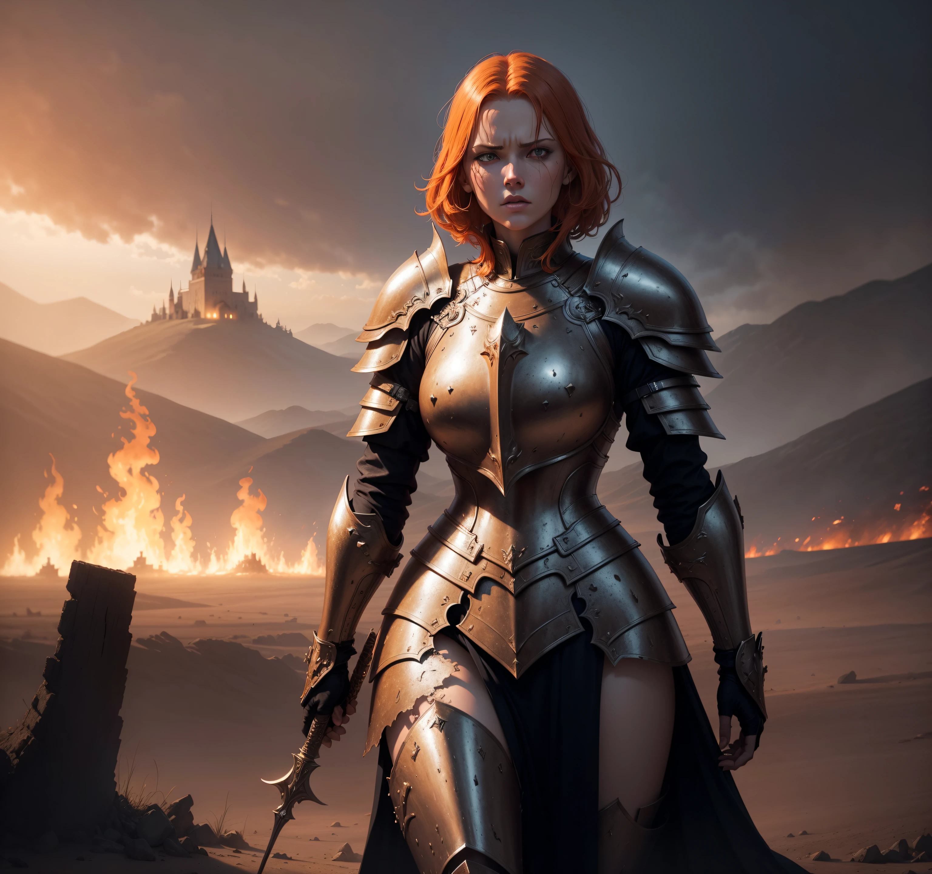 detailed illustration of ginger female divine paladin wearing full plate armor, heavily damaged armor, standing sad on a battlefield, battlefield on fire as background, dirt, misery and decadence, dark ambient, art by Mschiffer, tetradic colors, dark fantasy background, realistic aspect, castle background, short hair, angry
