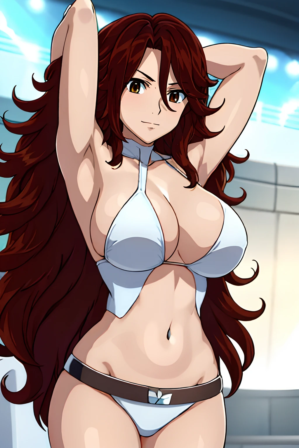 curvy belly, titration screen,, Elegant lady, (upper body only), anime style: 1.8, anime drawing, ultra detailed face, ultra detailed body, 4k, Sumergai Lee Noriega, (standing), best quality, anime style, hires, highest definition, digital blending, bold drawing lines, ((wwe diva), (location: wrestling arena, crowds watching), ( big shoulders, slim body, (wrestler body, thick arms, detailed biceps), , broad shoulders, closed fists, (very curvy: 2.8)), ((white bikini, only, white gloves, collar, hand protector, (champion belt on bare belly))), loser, defeated, sad, (pale skin, big breasts, smile), (big eyes, brown eyes), (clapping), ( brown hair, loose hair, curly hair, wavy hair, long hair, missy hair), 27 years old,