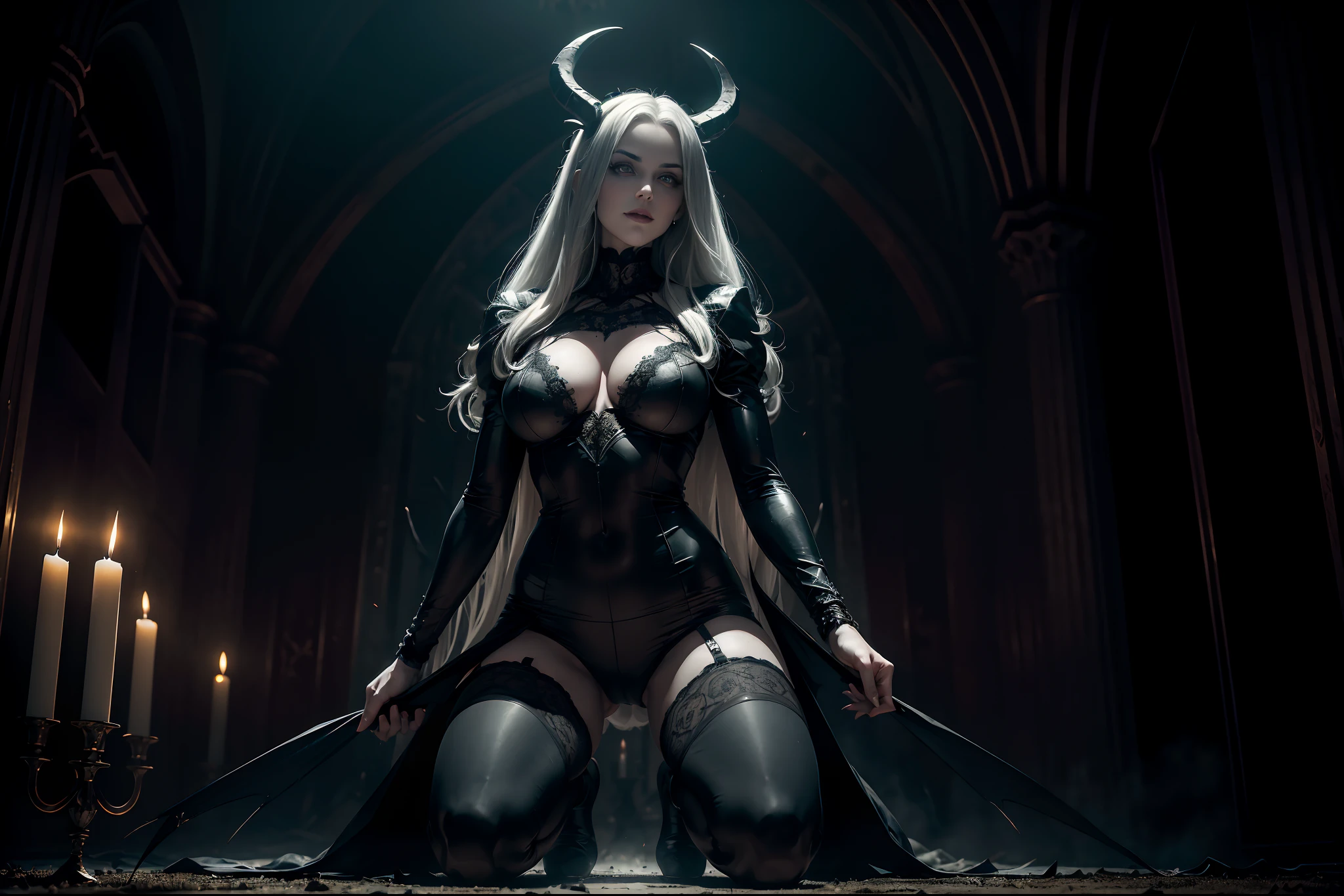 ((Best quality, 8k, Masterpiece: 1.8)), ((Full body frame view from head to toe)), female demon on her knees with arms raised and extended, sexy succubus, dark gothic setting, black and long silver hair, tight-fitting dark transparent nylon bodysuit, black lace underwear, huge goat antlers, a slightly sadistic and creepy smile on his lips, large pale red and green eyes, on his knees, surrounded of candles in a satanic ritual, a dark abandoned castle under the moonlight, blood patterns on the floor, dark and scary design, dark night, top quality, many details, dark and sinister atmosphere, Maximum clarity and sharpness, lights and hyperrealistic shadows,