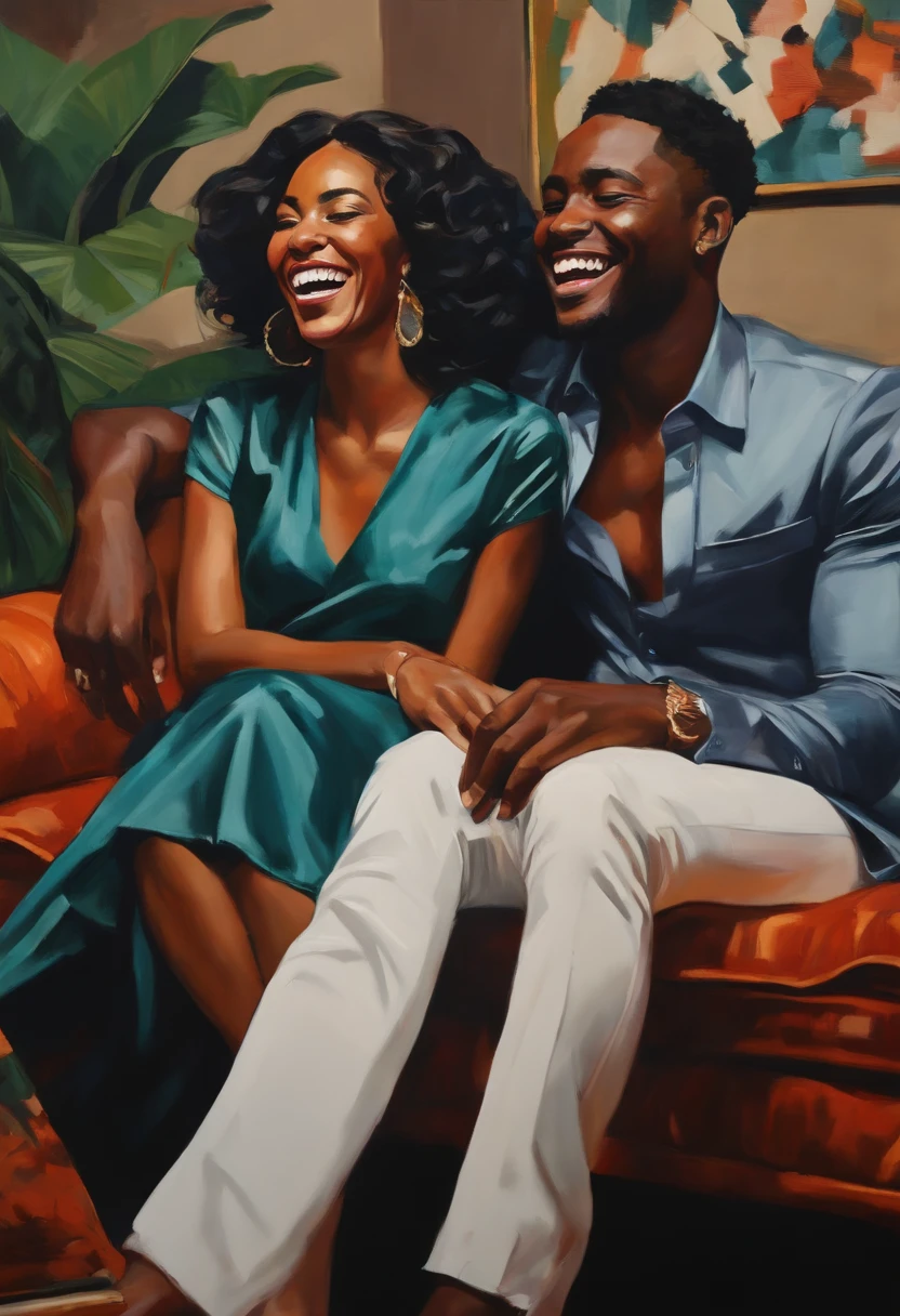 a wealthy black young African couple laughing on their living room couch, cinematic, movie scene, 4k, hyperrealistic, wide shot, Anna Bocek's painting depicting, v5.2