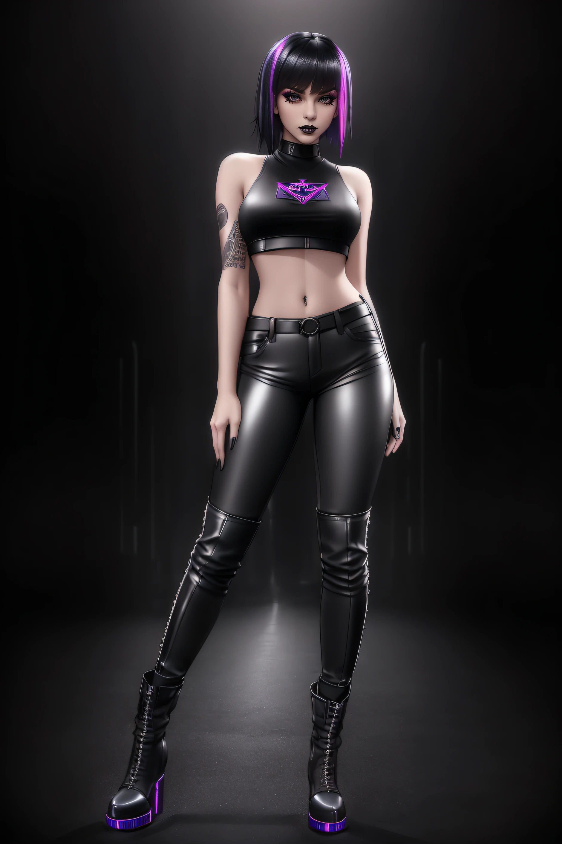 beautiful girl, ((standing:1.4)), (confident gaze:1.1), full body, short bright neon streaked black hair, ((seductive pose:1.2)), black eyeshadow, (street style wear:1.2), ((tight fitted pants)), ((knee high leather boots)), (dark city night black background:1.4), dark makeup, digital art, trending on artstation, highly detailed, fine detail, intricate, detailed facial features, sharp focus, smooth, aesthetic,