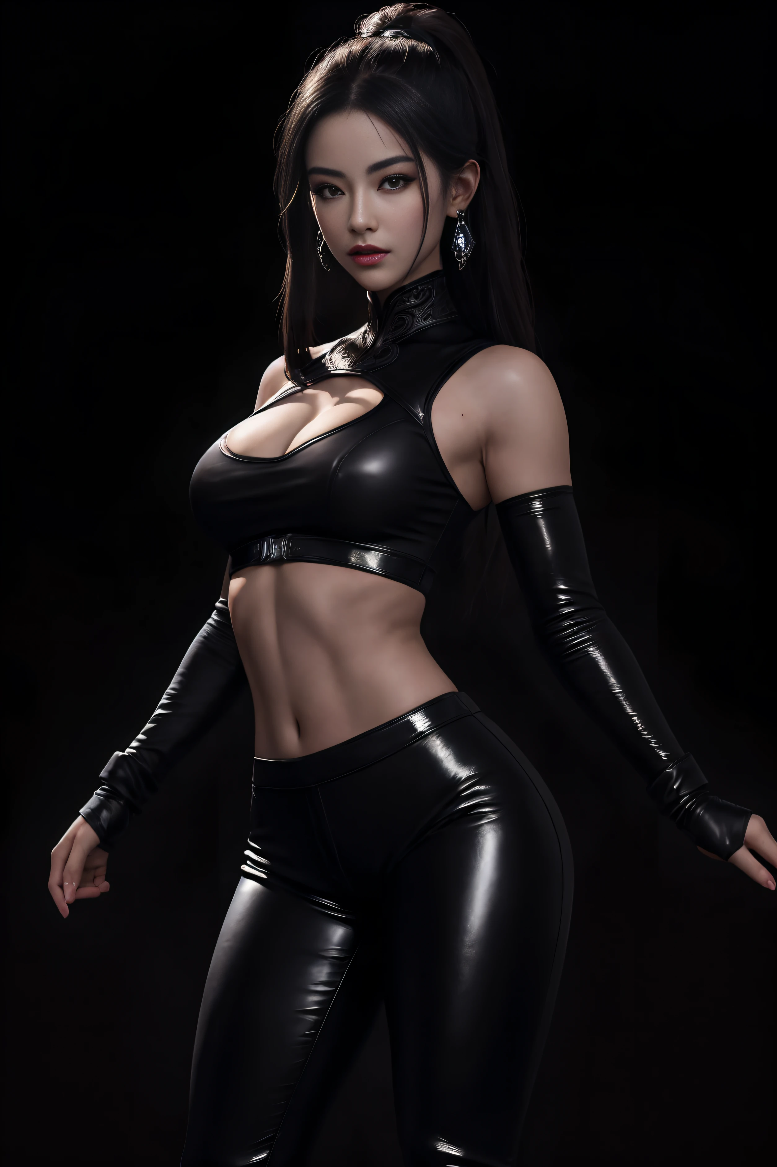 (masterpiece, top quality, best quality, official art, beautiful and aesthetic:1.2), (1girl:1.3), (fractal art:1.3), solo, Jade from mortal kombat, Mortal Kombat video game, black headband, long hair, large breasts, deep cleavage, beautiful face, Asian lady, see-through lace top, ((tight fitted pants)), black gloves, black brown hair, long patent leather black boots , earrings,  midriff, navel, toned, looking at viewer, full body, seductive stance, legs apart, (dark city night black background:1.4), bright neon lighting, cinematic lighting