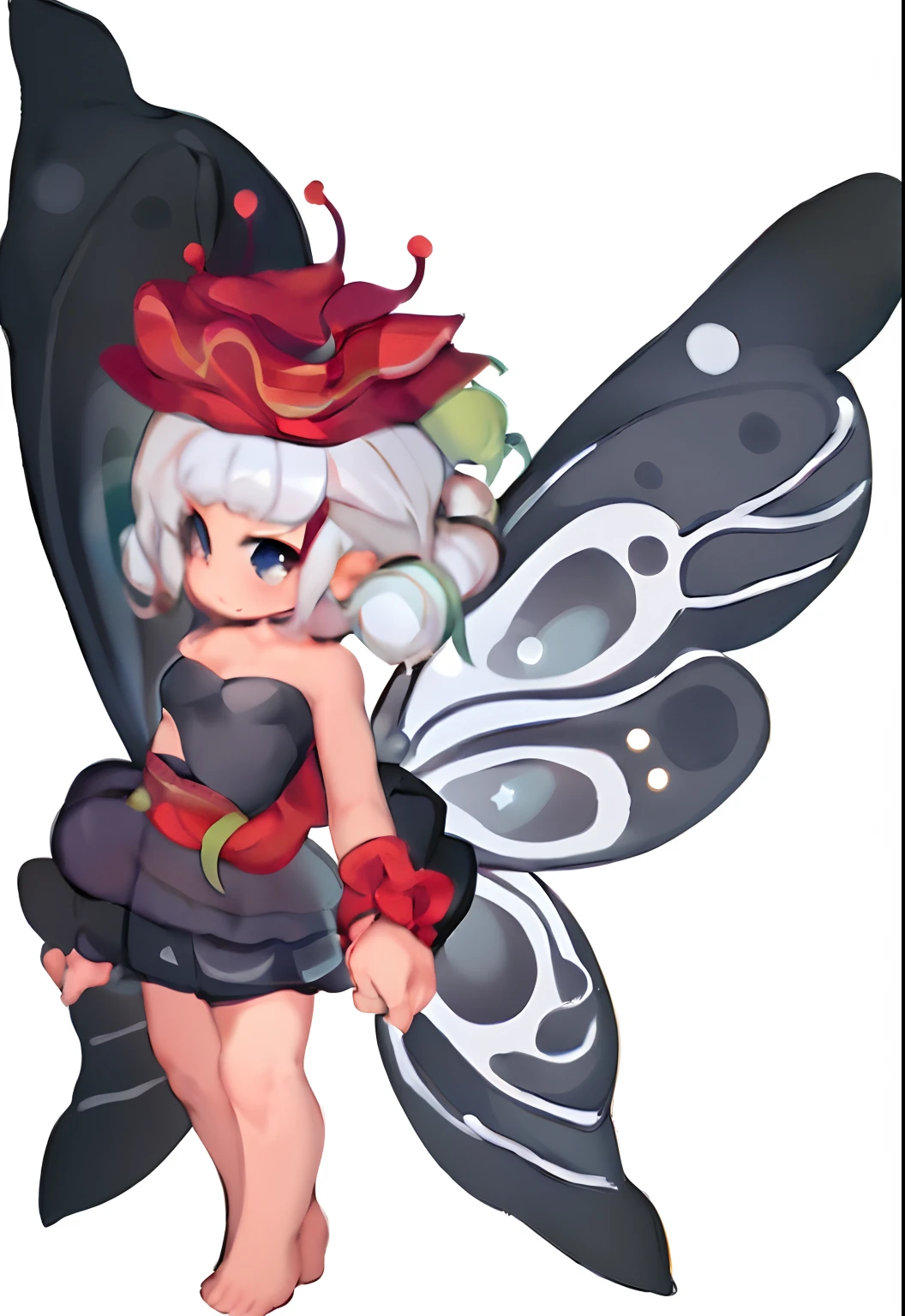 a detailed asian girl with a star-filled black cloak, white silk stockings, and a flowing chinese-style dress, holding a mask with KP and Dice symbols, long gray-white hair, black ink-like eyes, chinese red rope accents, standing in a minimalist sketch-like background