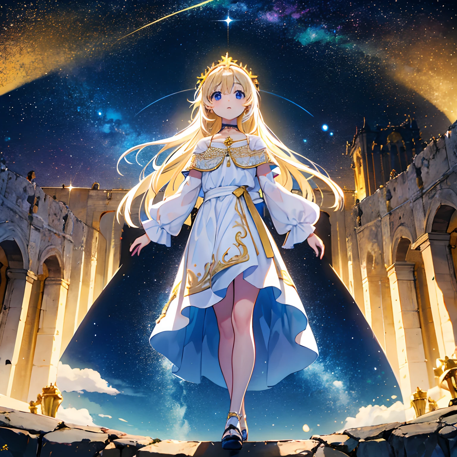 Obra maestra, La mejor calidad, solamente, 1girl, cielo estrellado, estrellas doradas, accesorios dorados, basado en estrellas, iluminacion hermosa, noche, Mirando al espectador, al aire libre, arena, En pie, cuerpo completo,