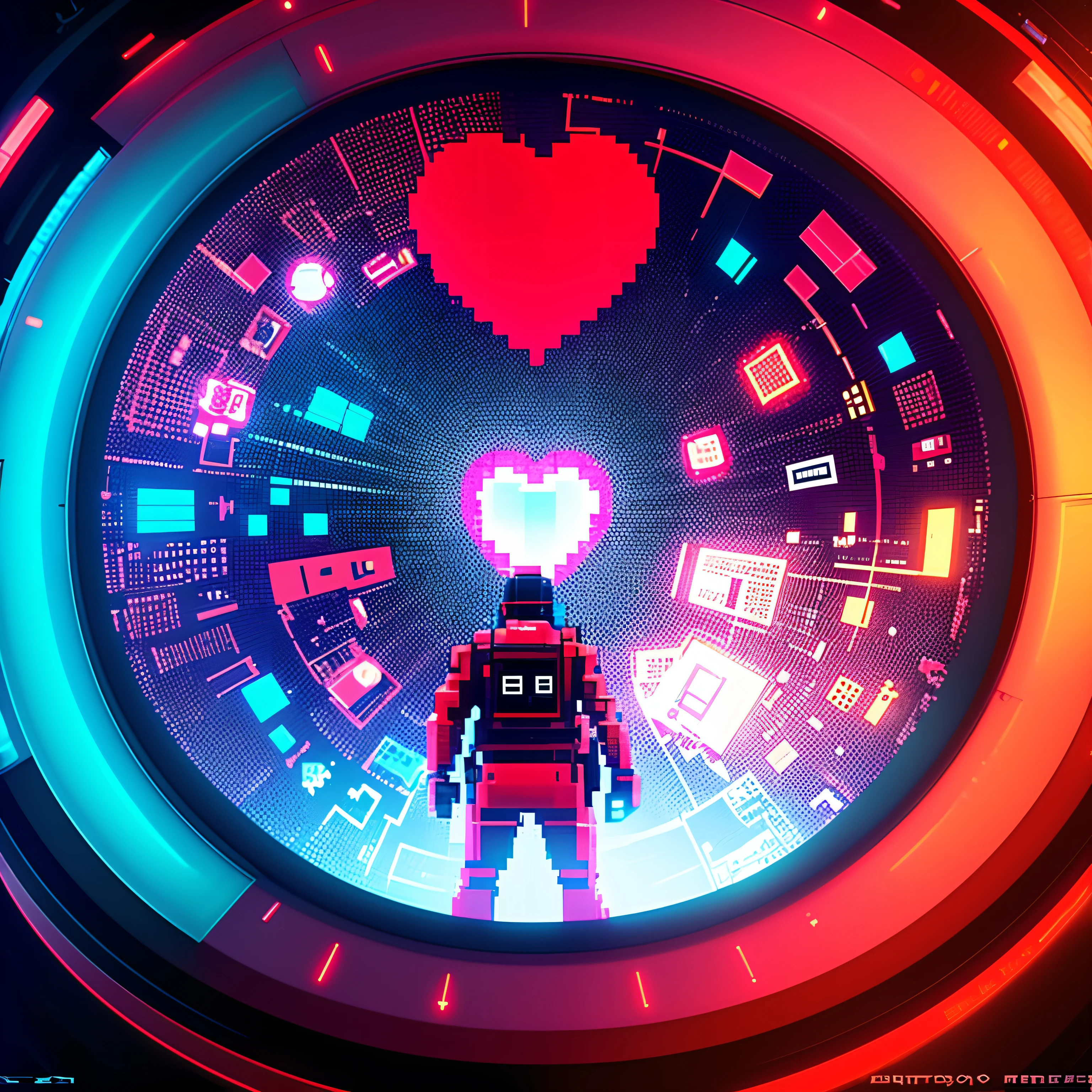 Video Game Control Inside a Heart, fondo rojo con reflejo de luz, High-resolution 8K image, imagen de 8 bits con persona animada futurista con control de video juegos, Mensaje de texto "manco"